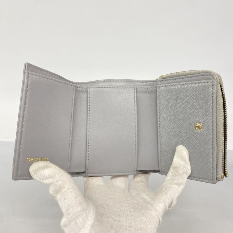 Chanel Trifold Wallet Quilted Caviar Leather Gray Champagne Gold
