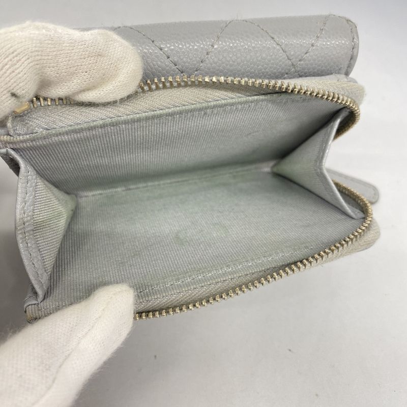 Chanel Trifold Wallet Quilted Caviar Leather Gray Champagne Gold