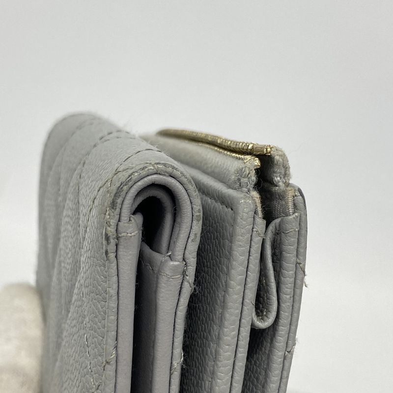 Chanel Trifold Wallet Quilted Caviar Leather Gray Champagne Gold