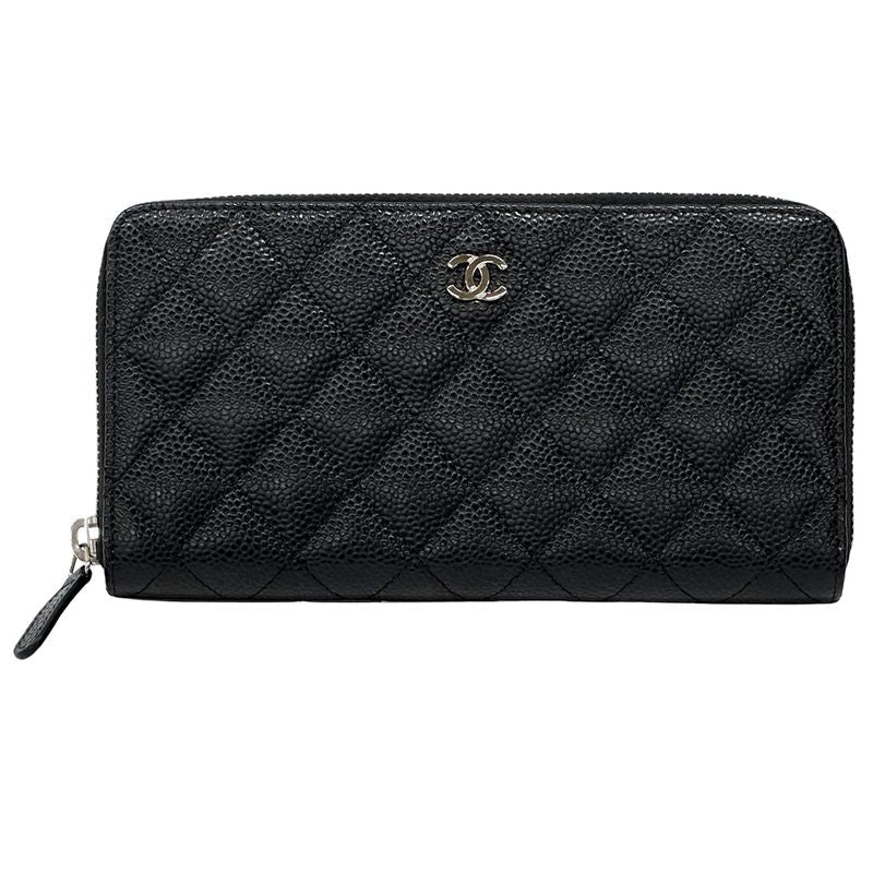 Chanel Wallet Quilted Wallet Caviar Leather Black Silver Hardw