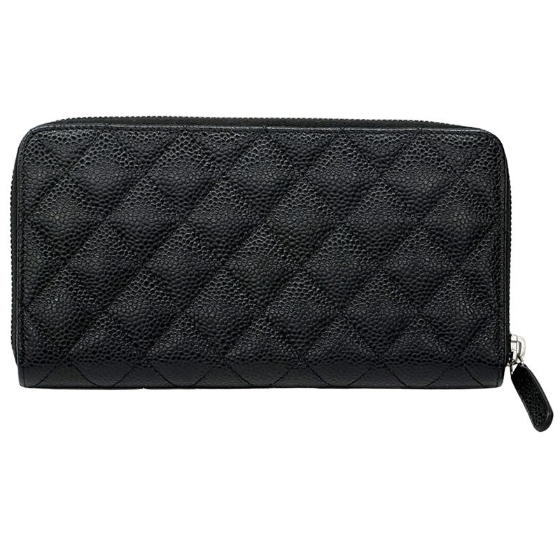 Chanel Wallet Quilted Wallet Caviar Leather Black Silver Hardw