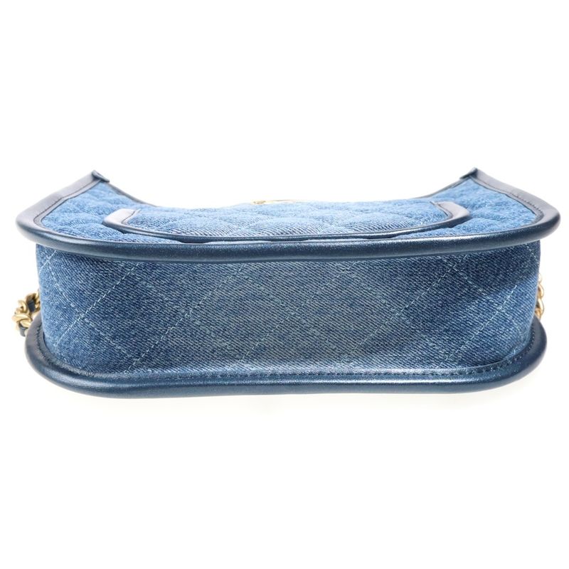 Chanel CC Logo Quilted Hobo Leather Trim Denim Chain Shoulder Bag Blue