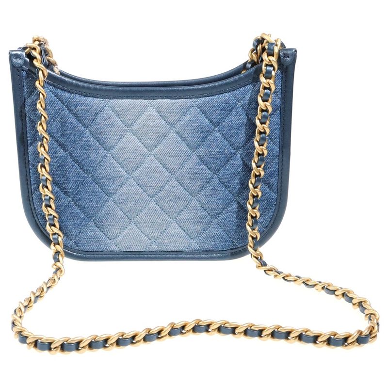 Chanel CC Logo Quilted Hobo Leather Trim Denim Chain Shoulder Bag Blue