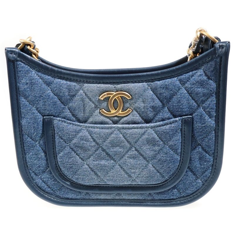 Chanel CC Logo Quilted Hobo Leather Trim Denim Chain Shoulder Bag Blue