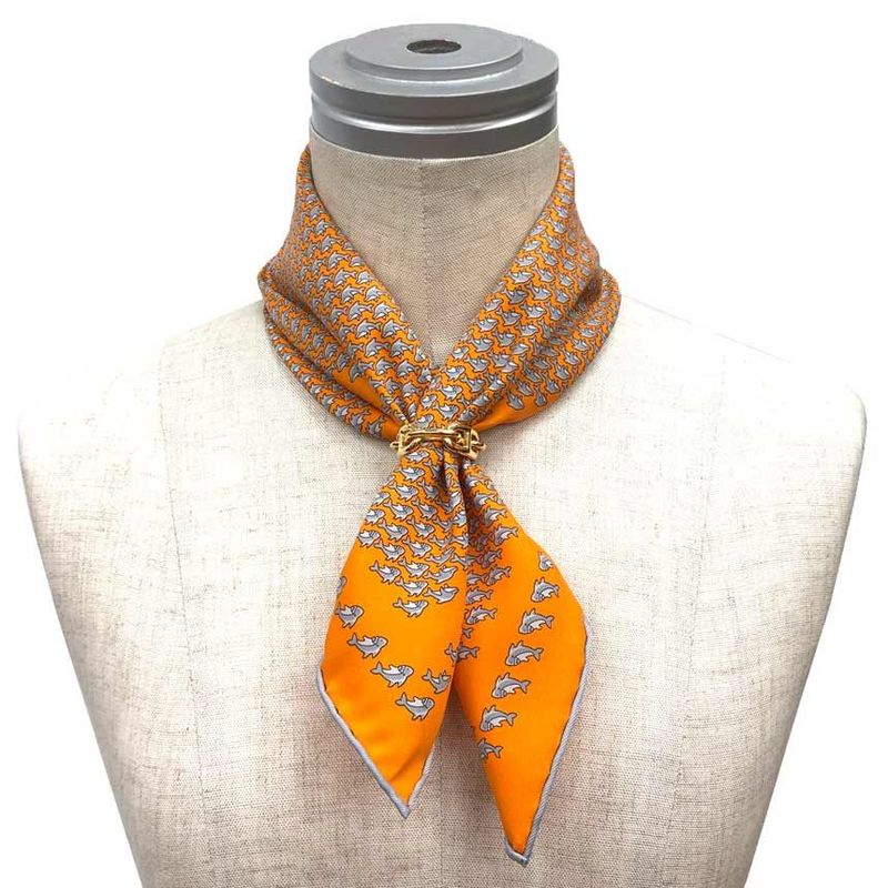 Hermes Pocket Chief Scarf Pochette Twill Carre Dolphin Shark Silk Orange