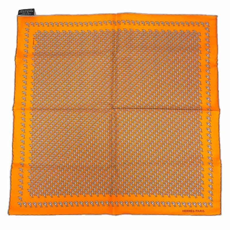 Hermes Pocket Chief Scarf Pochette Twill Carre Dolphin Shark Silk Orange
