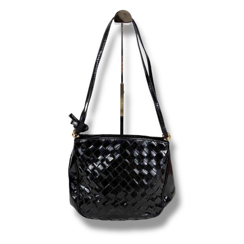 Bottega Veneta Patent Leather 2-Way Shoulder Bag Black Intrecciato Braid