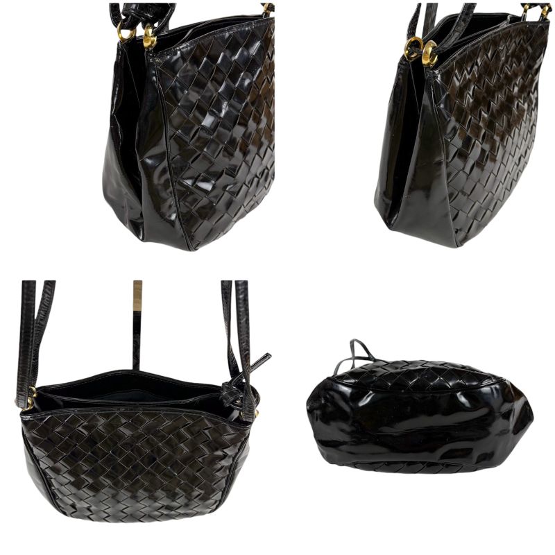 Bottega Veneta Patent Leather 2-Way Shoulder Bag Black Intrecciato Braid
