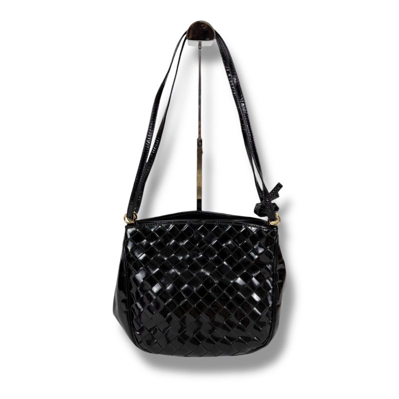 Bottega Veneta Patent Leather 2-Way Shoulder Bag Black Intrecciato Braid