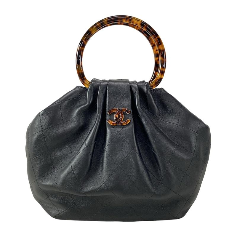Chanel Handbag Quilted Hobo Black Light Brown Dark Lambskin
