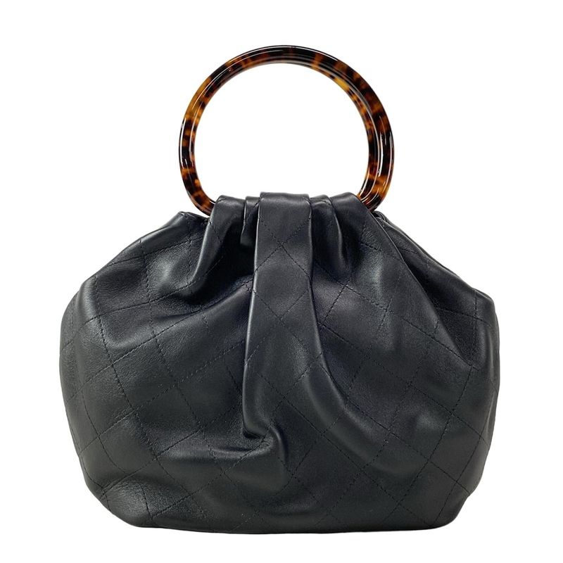 Chanel Handbag Quilted Hobo Black Light Brown Dark Lambskin