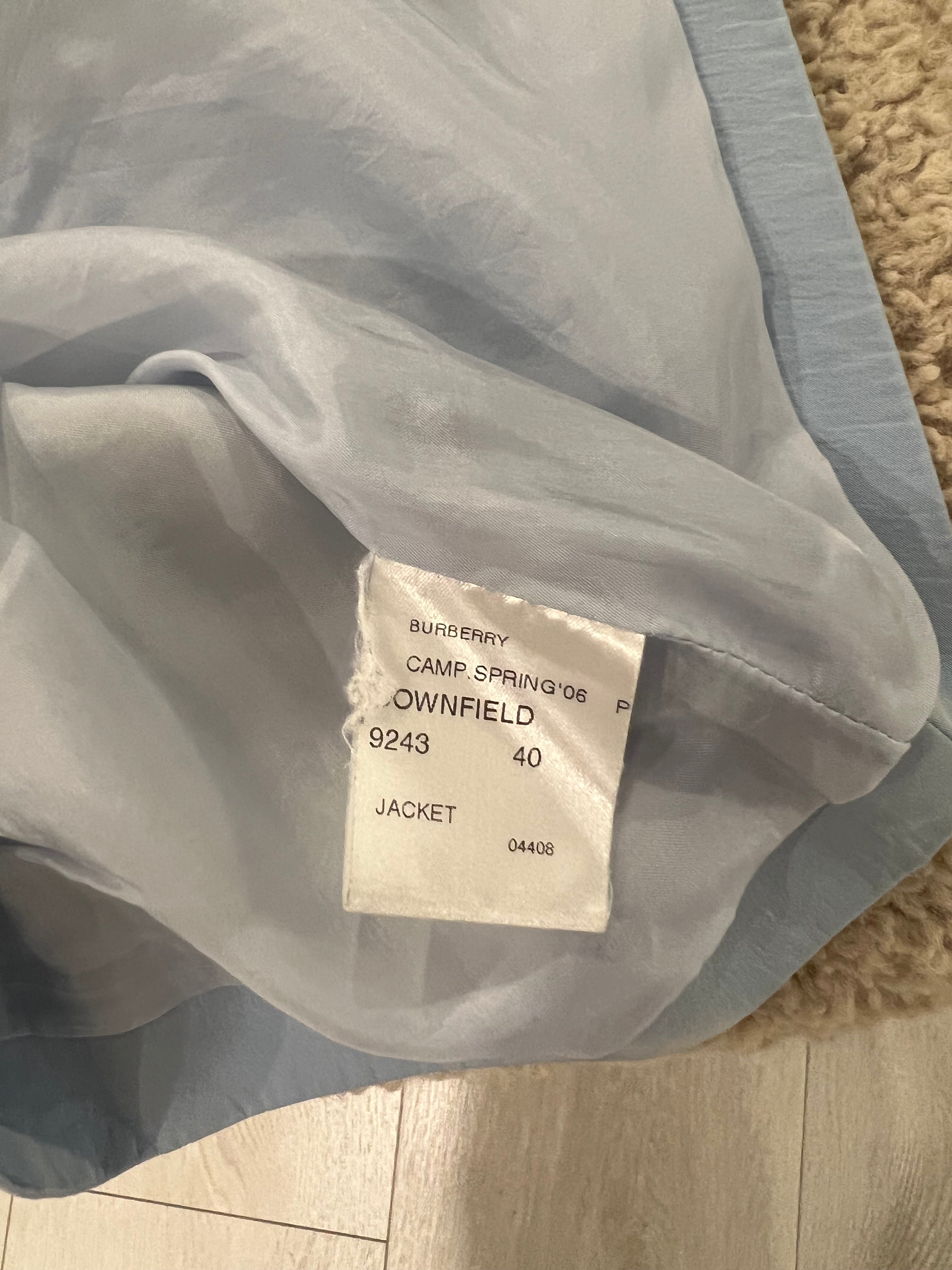 Burberry Light Blue Cropped Jacket with Gold Logo Buttons Detail Size UK 8