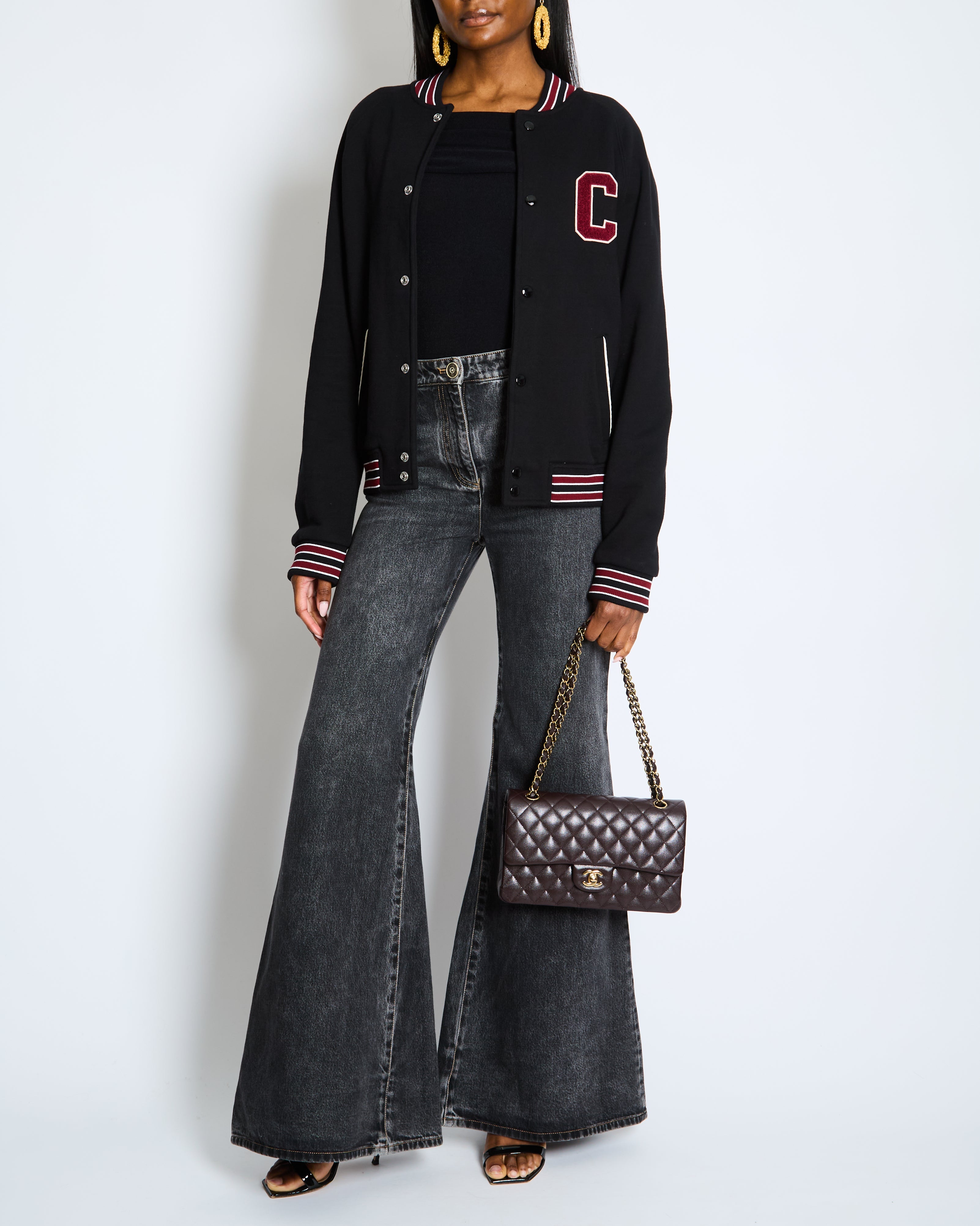 Celine Black College Jacket with Burgundy Striped Collar and Celine Paris Embroidery Detail Size S (UK 8)