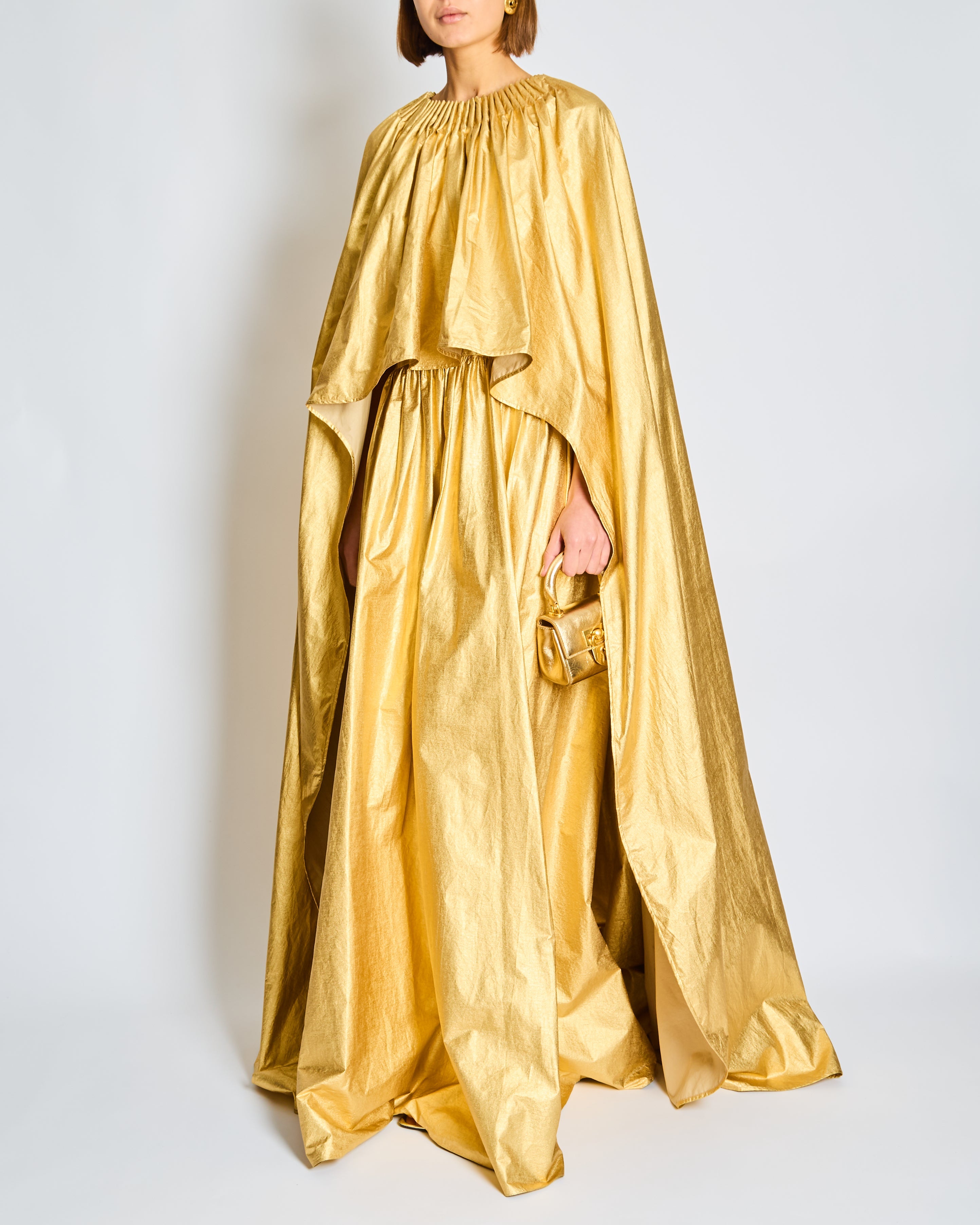 *CURRENT SEASON* Schiaparelli Gold Ruched Metallic Maxi Cape Dress Size FR 38 (UK 10)