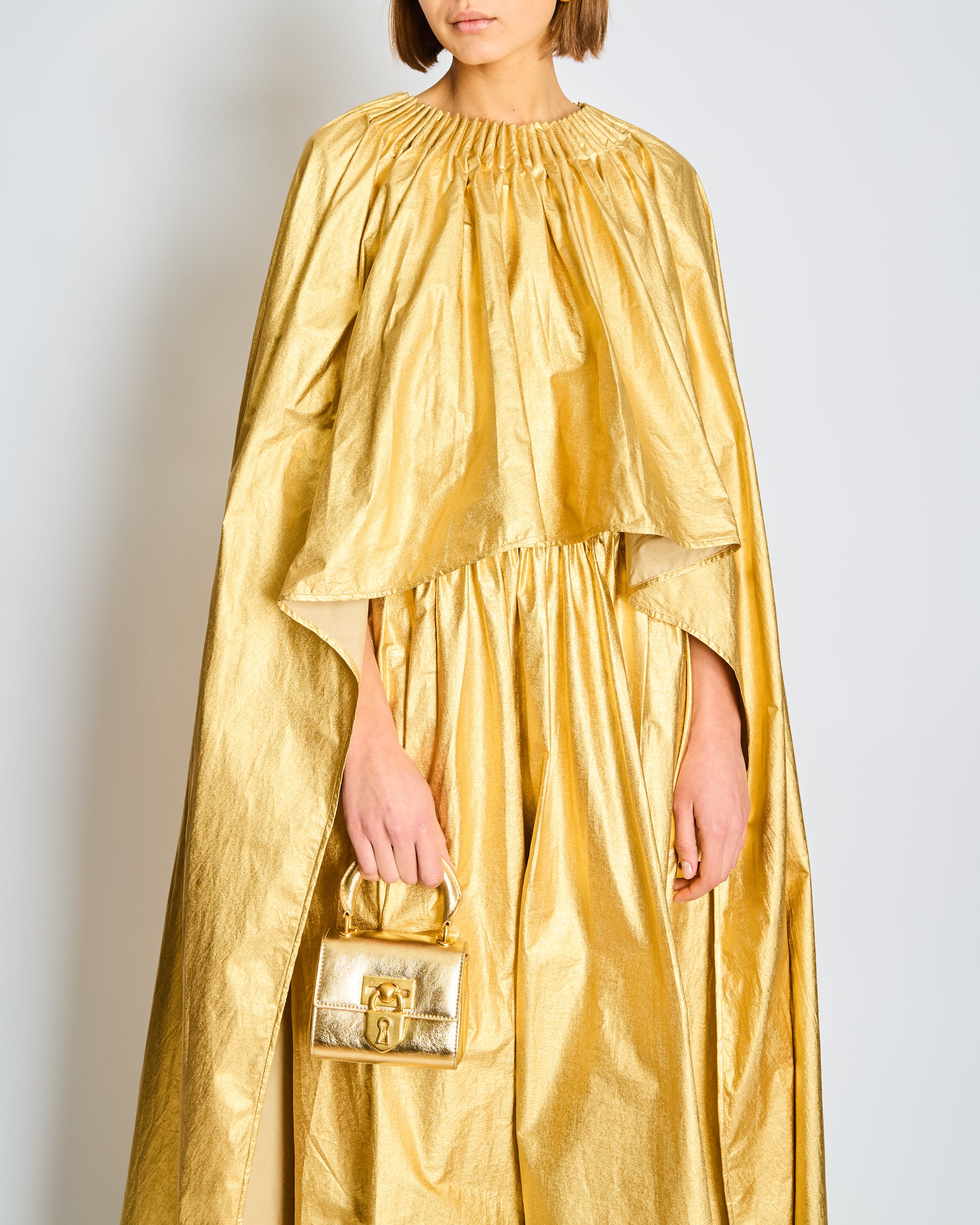 *CURRENT SEASON* Schiaparelli Gold Ruched Metallic Maxi Cape Dress Size FR 38 (UK 10)