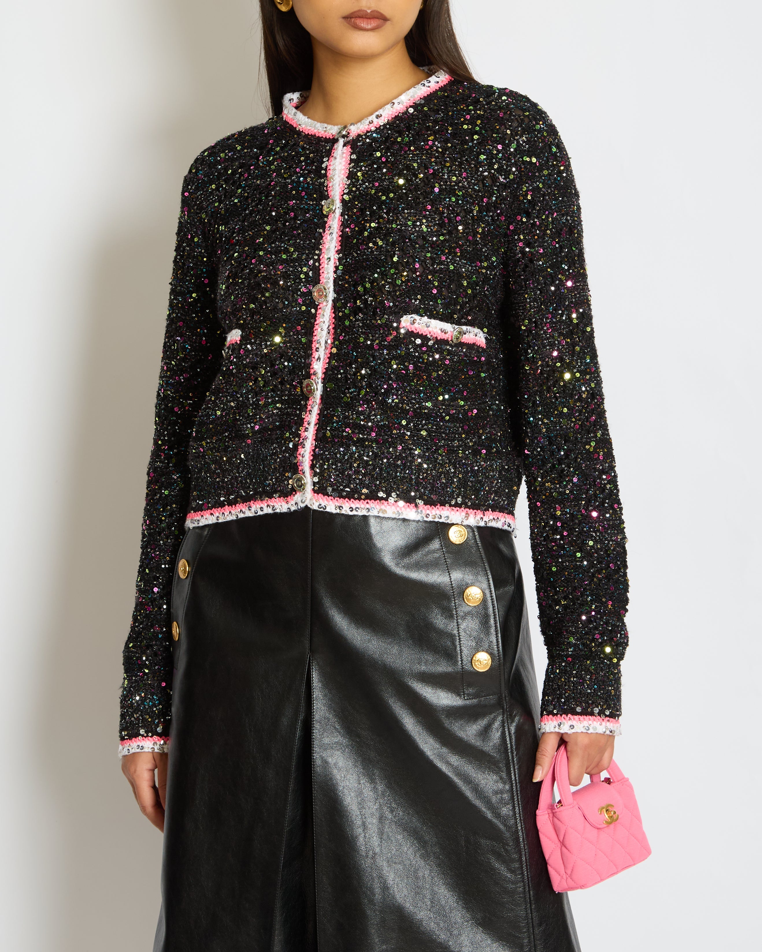 *SUPER HOT* Chanel 24C Black & Multicolour Sequin Cardigan with Pink & White Threads and CC Iridescent Logo Buttons Detail Size FR 36 (UK 8) RRP £5400