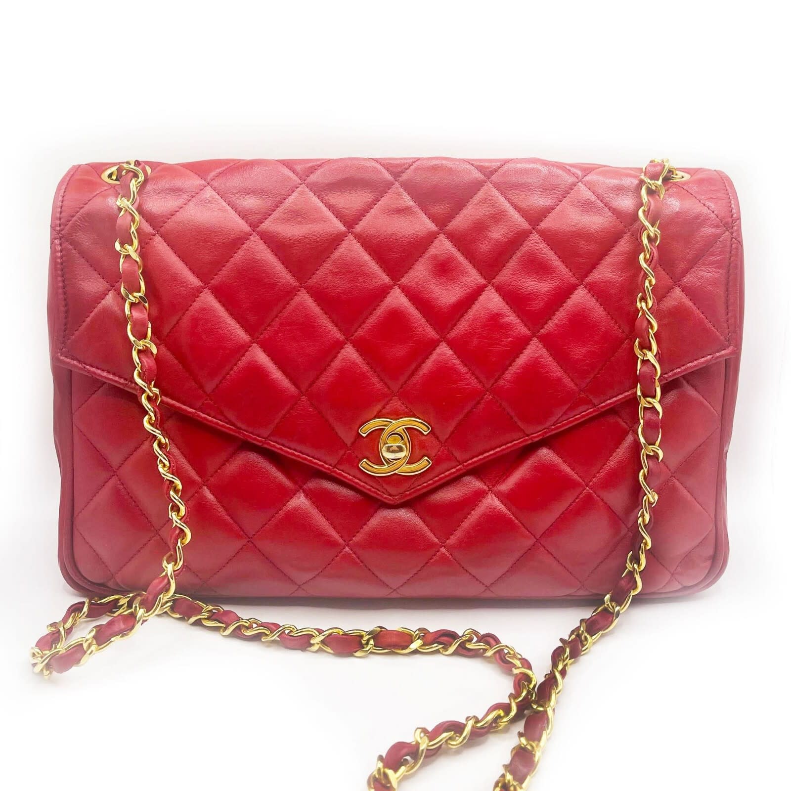 Chanel CC 24K Vintage Jumbo Envelope Flap Bag Lambskin Timeless Red