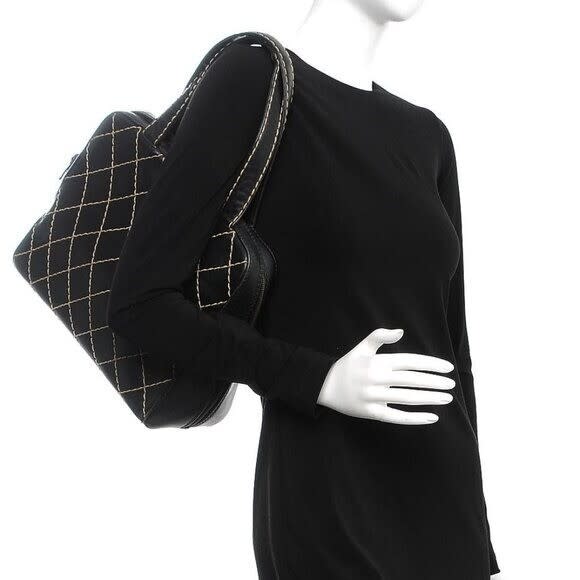 Chanel CC Wild Stitch Vintage Quilted Shoulder Bag Tote Calfskin Black