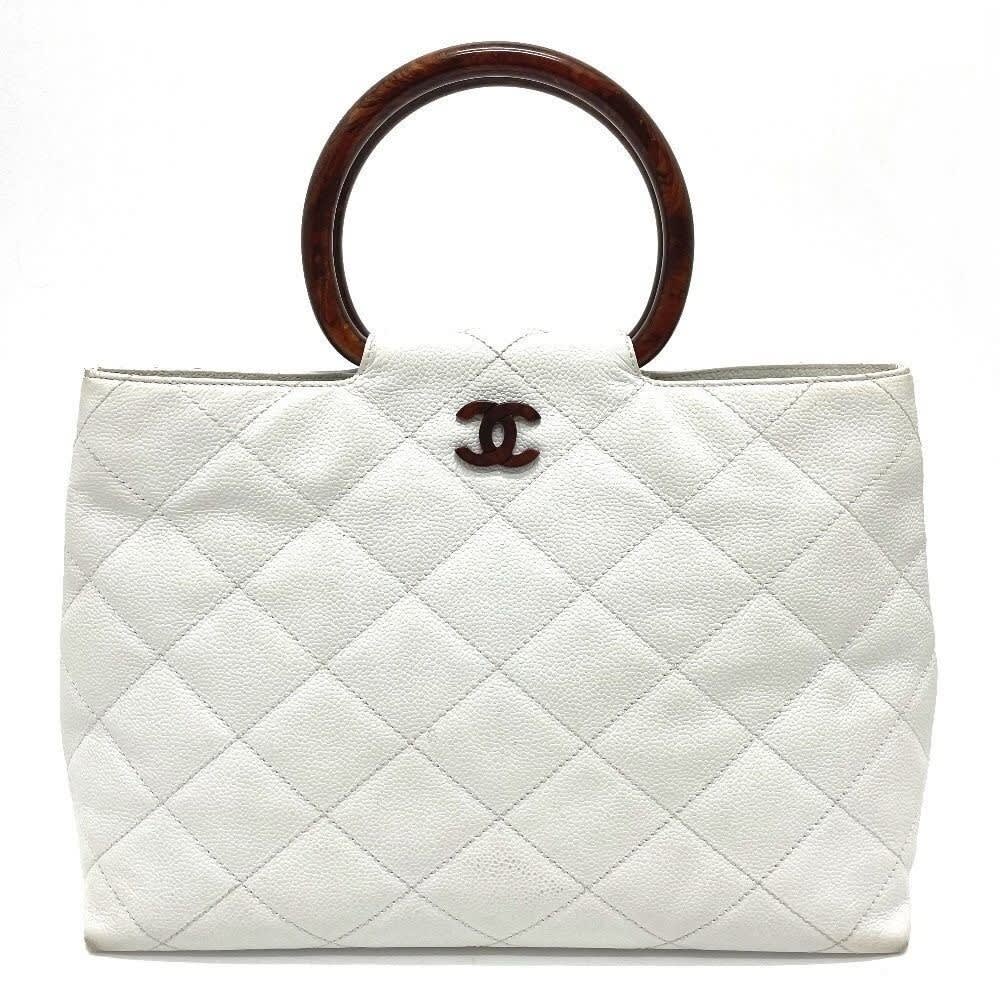 Chanel CC Vintage Caviar Leather Tote White Shoulder Bag Wooden Ring Handle