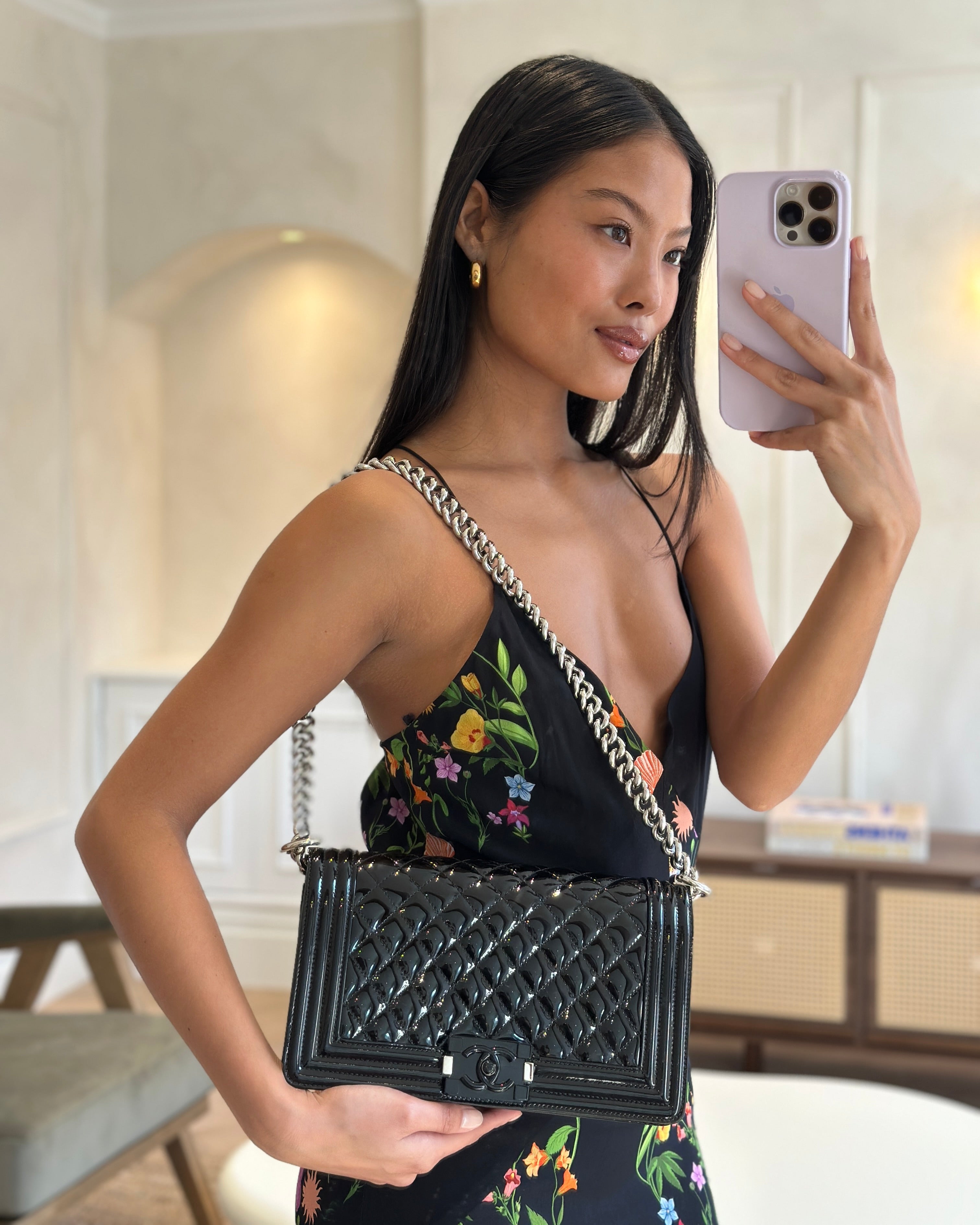 *FIRE PRICE* Chanel Black Patent Medium Boy Bag with Black and Silver Hardware