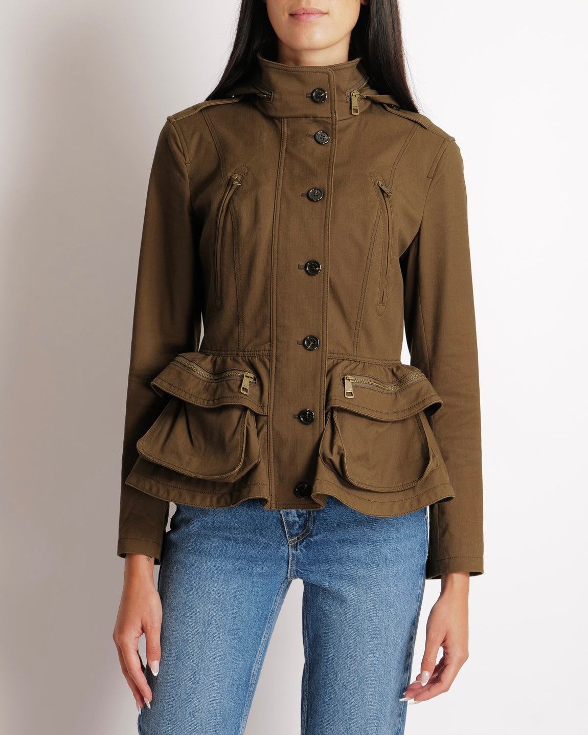 Burberry Khaki Hooded Jacket with Tiered Bottom Detail Size UK 8