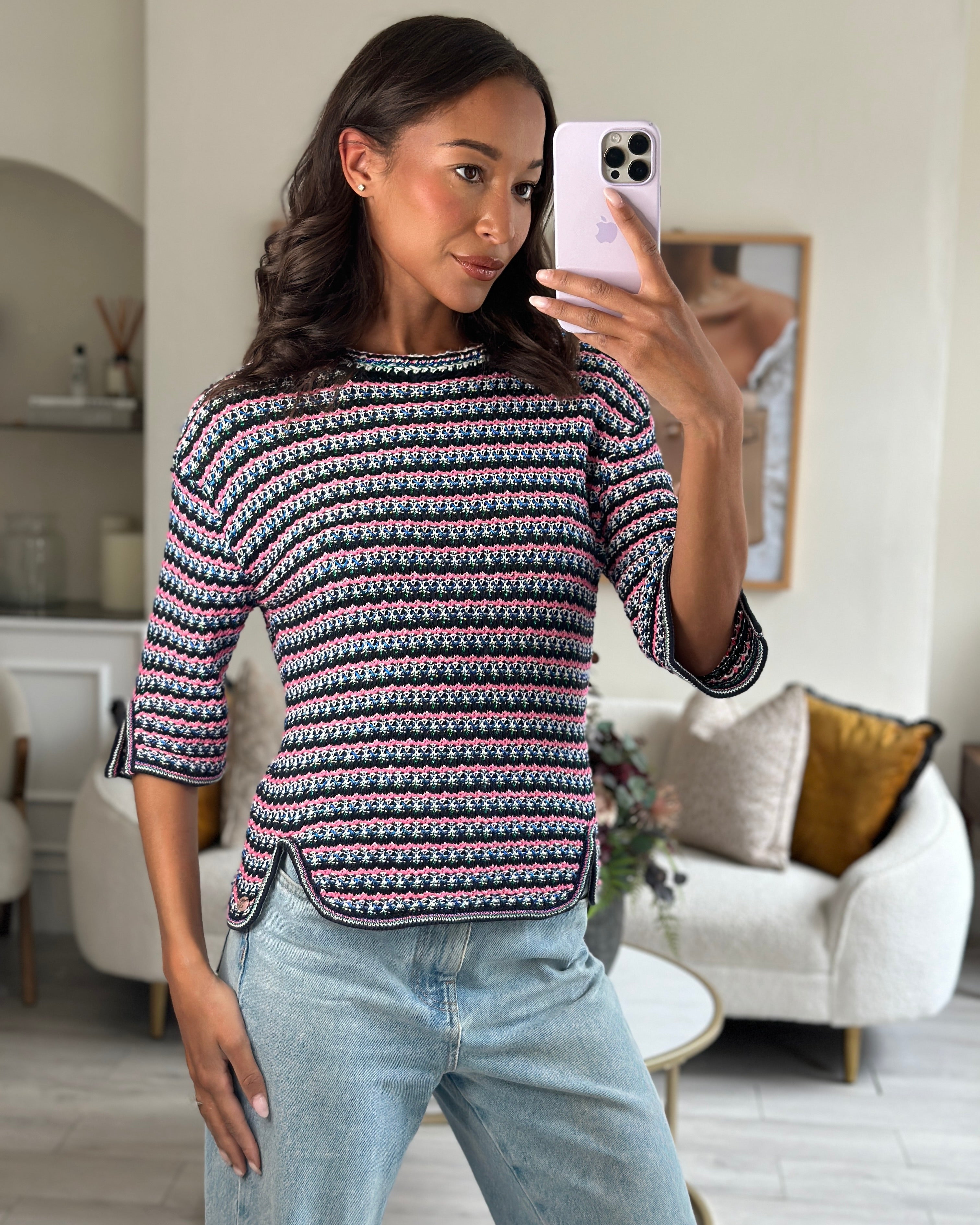 *FIRE PRICE* Chanel Pink, Black Metallic Green Mid-Sleeve Top FR 38 (UK 10)