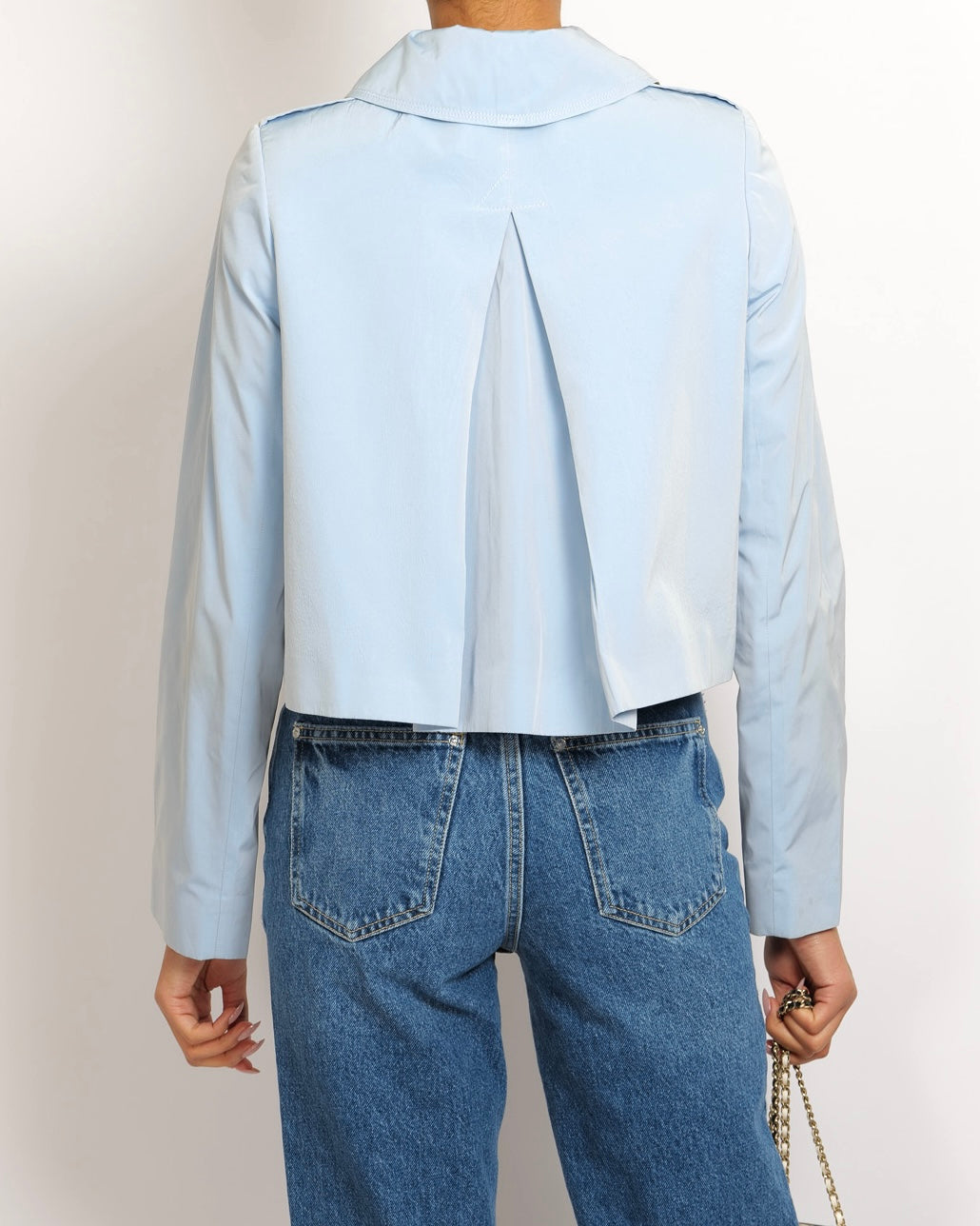 Burberry Light Blue Cropped Jacket with Gold Logo Buttons Detail Size UK 8