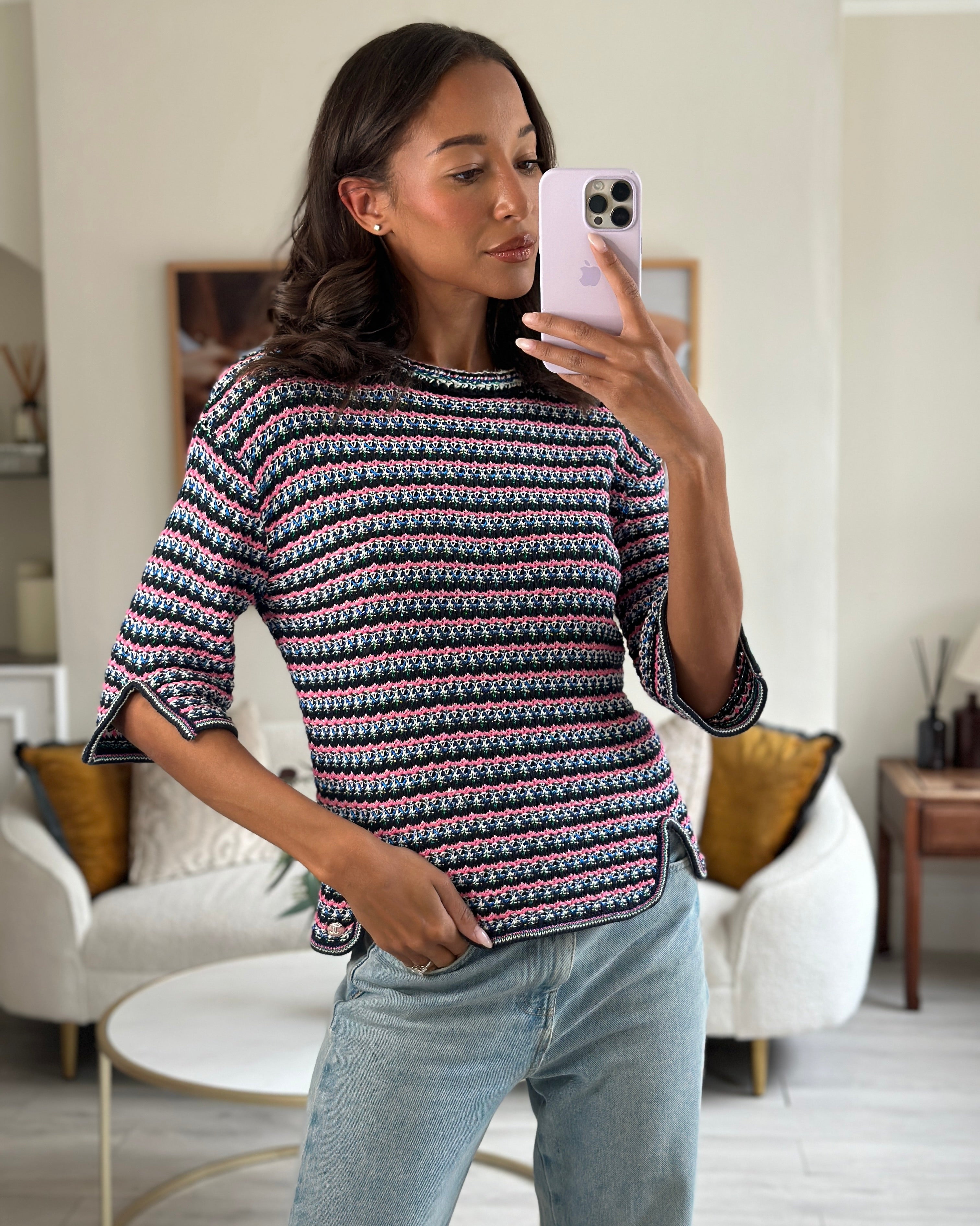 *FIRE PRICE* Chanel Pink, Black Metallic Green Mid-Sleeve Top FR 38 (UK 10)