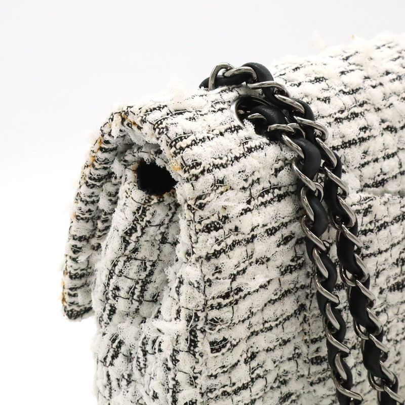 Chanel 255 Tweed Double Flap Chain Bag Shoulder Bag Flower Motif Leather White Black
