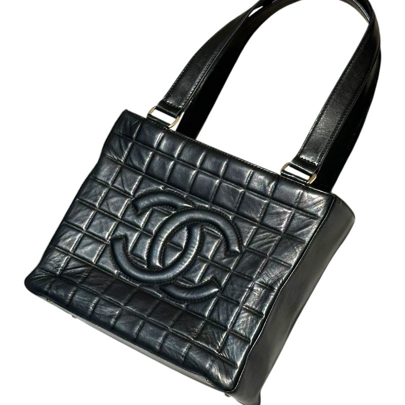 Chanel 02's Vintage Chocolate Bar Stitch Lamb Leather Hand Tote Bag Vintage