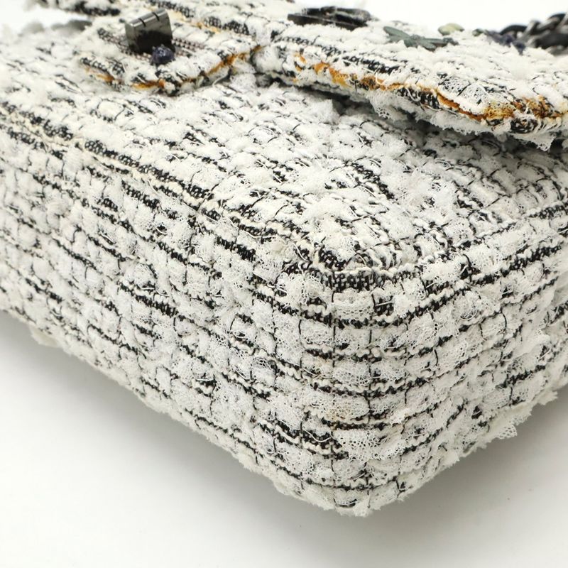 Chanel 255 Tweed Double Flap Chain Bag Shoulder Bag Flower Motif Leather White Black