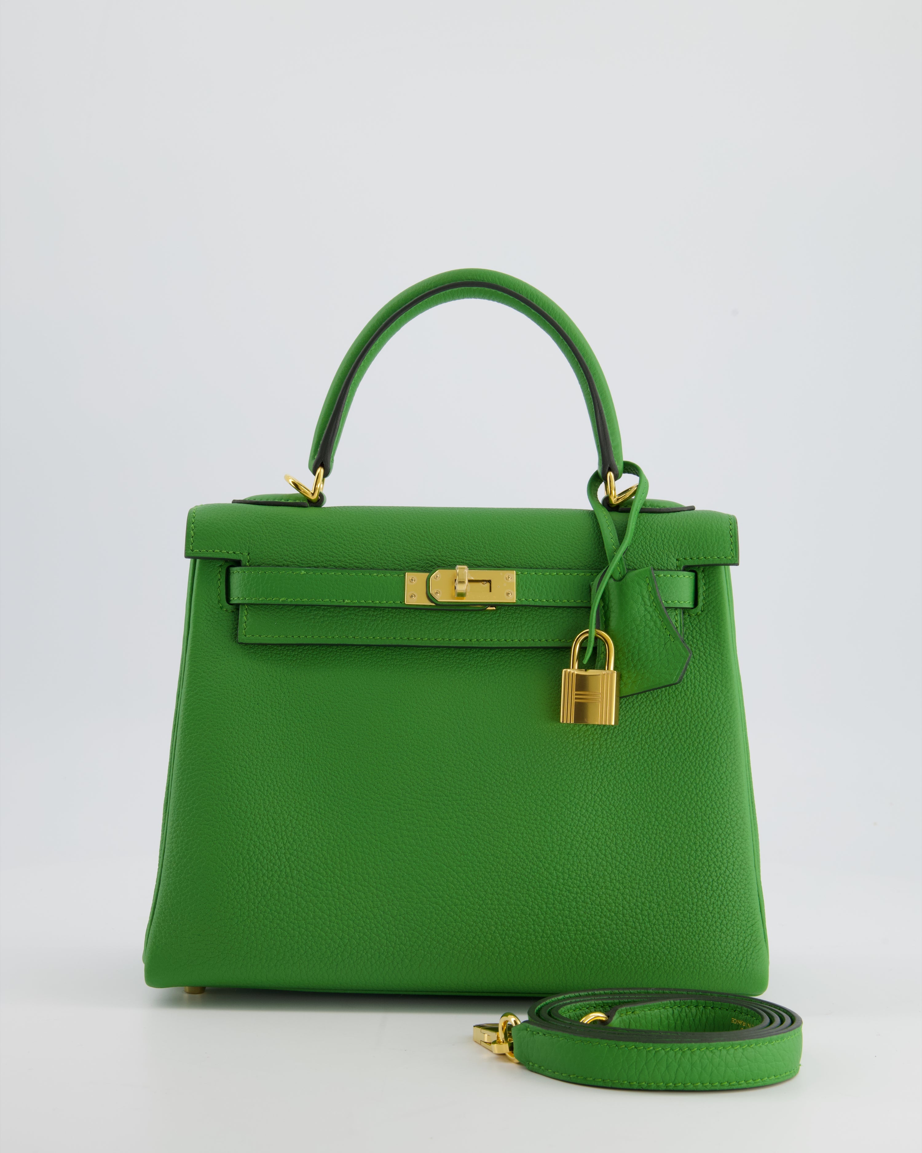 *RARE* Hermes Kelly 25 Retourne Bag in Vert Yucca Togo Leather and Gold Hardware