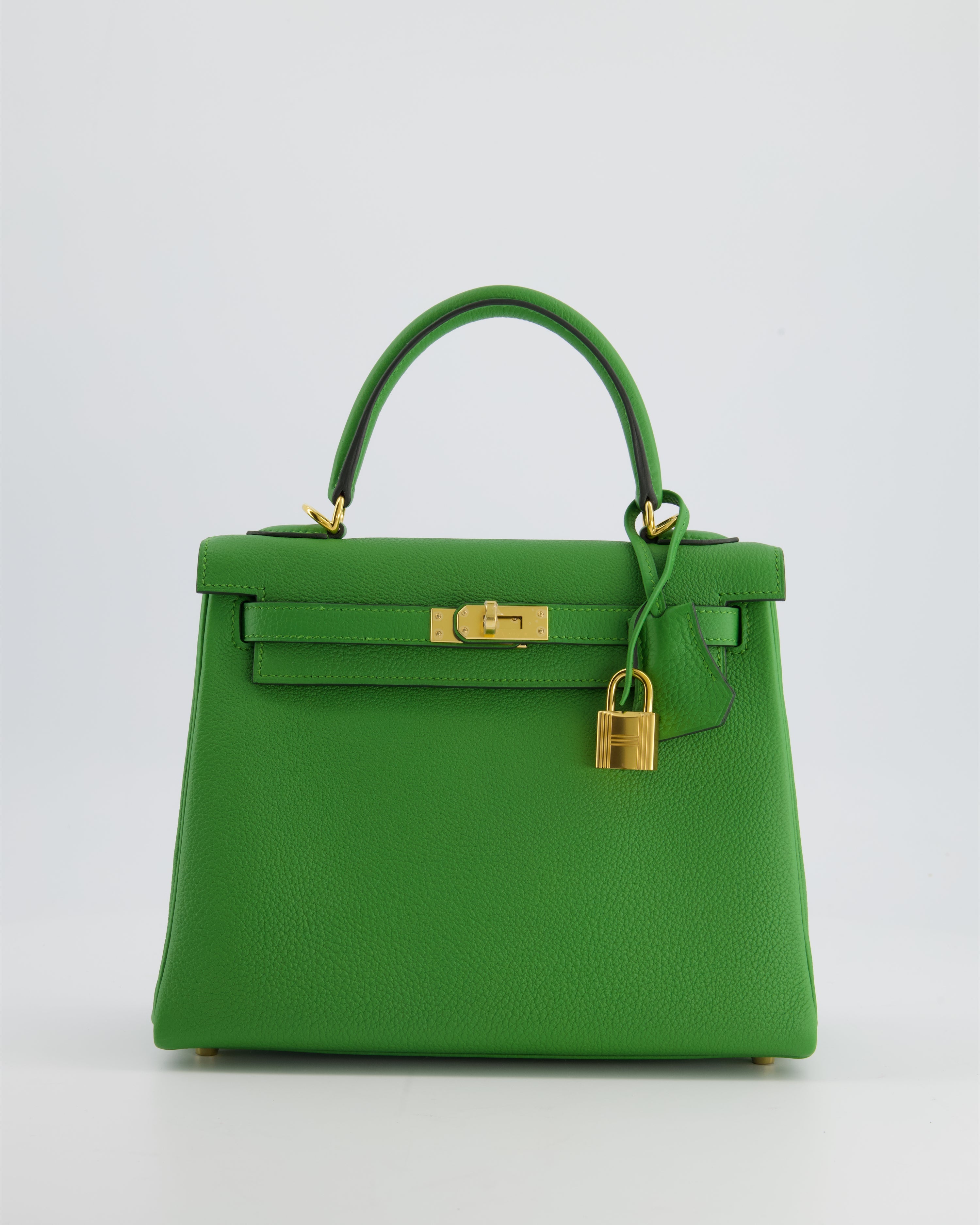 *RARE* Hermes Kelly 25 Retourne Bag in Vert Yucca Togo Leather and Gold Hardware