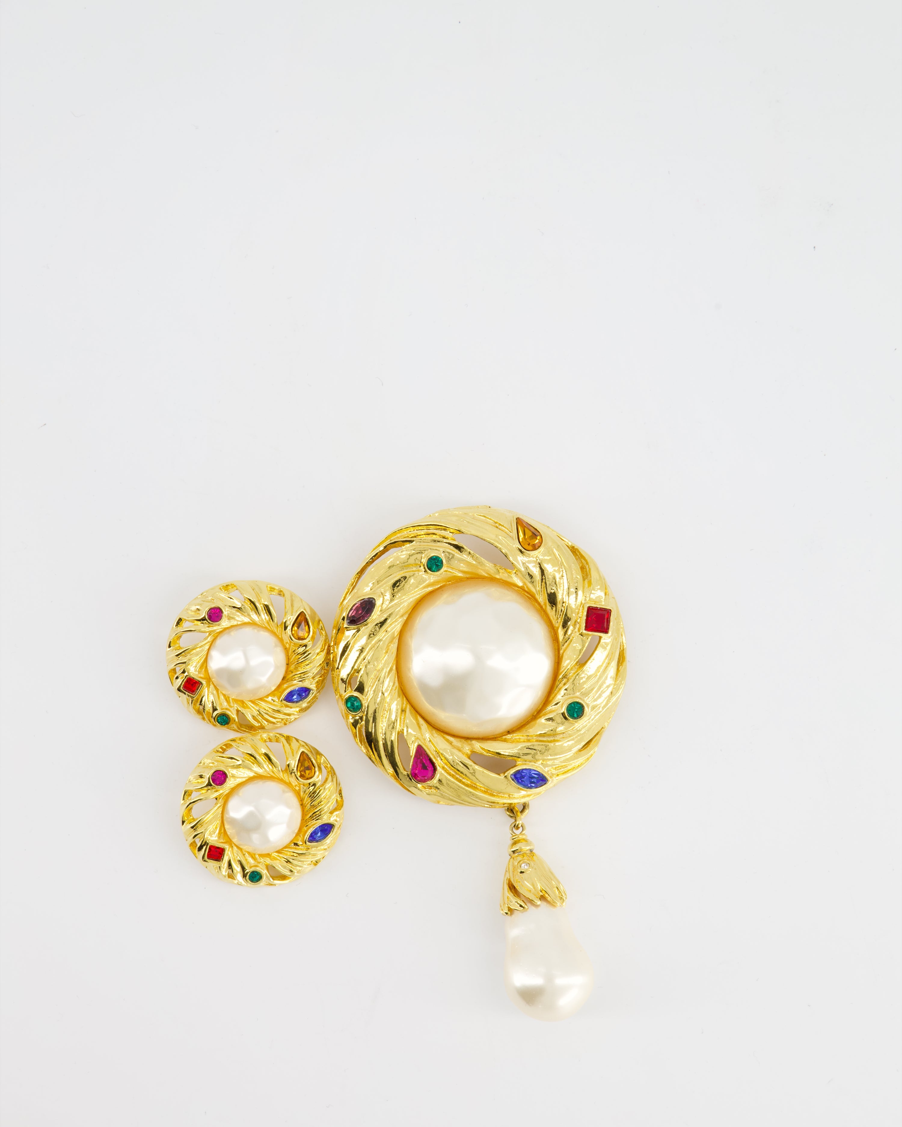 *RARE* Yves Saint Laurent Pearl Rhinestone Brooch and Earrings Set