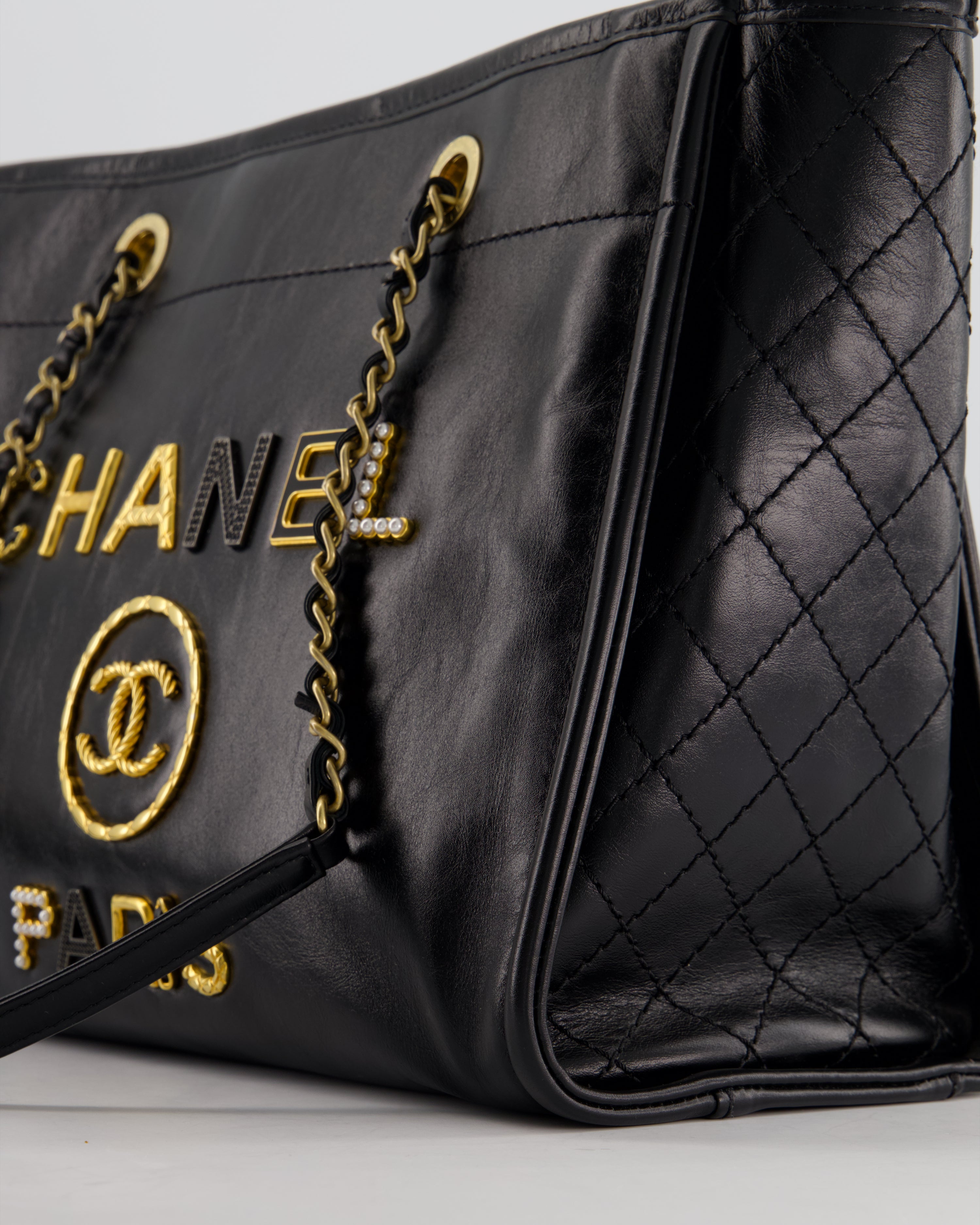 *HOT* Chanel Black Small Deauville Tote Bag in Shiny Calfskin Leather with Antique Gold Hardware and Pearl, Crystal Logo Detail