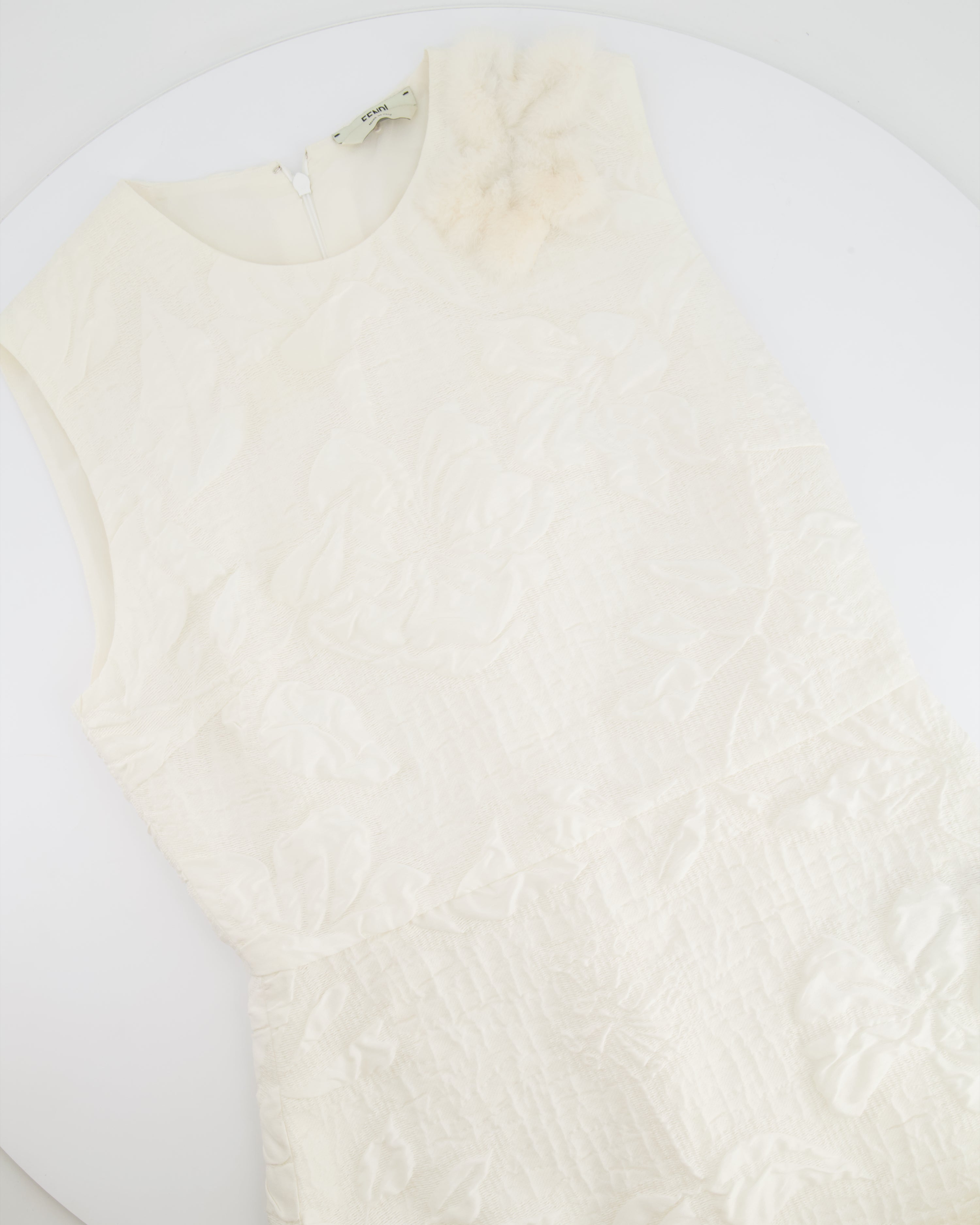 Fendi Pearl White Textured Sleeveless Dress with Mink Fur Detailing Size IT 42 (UK 10)