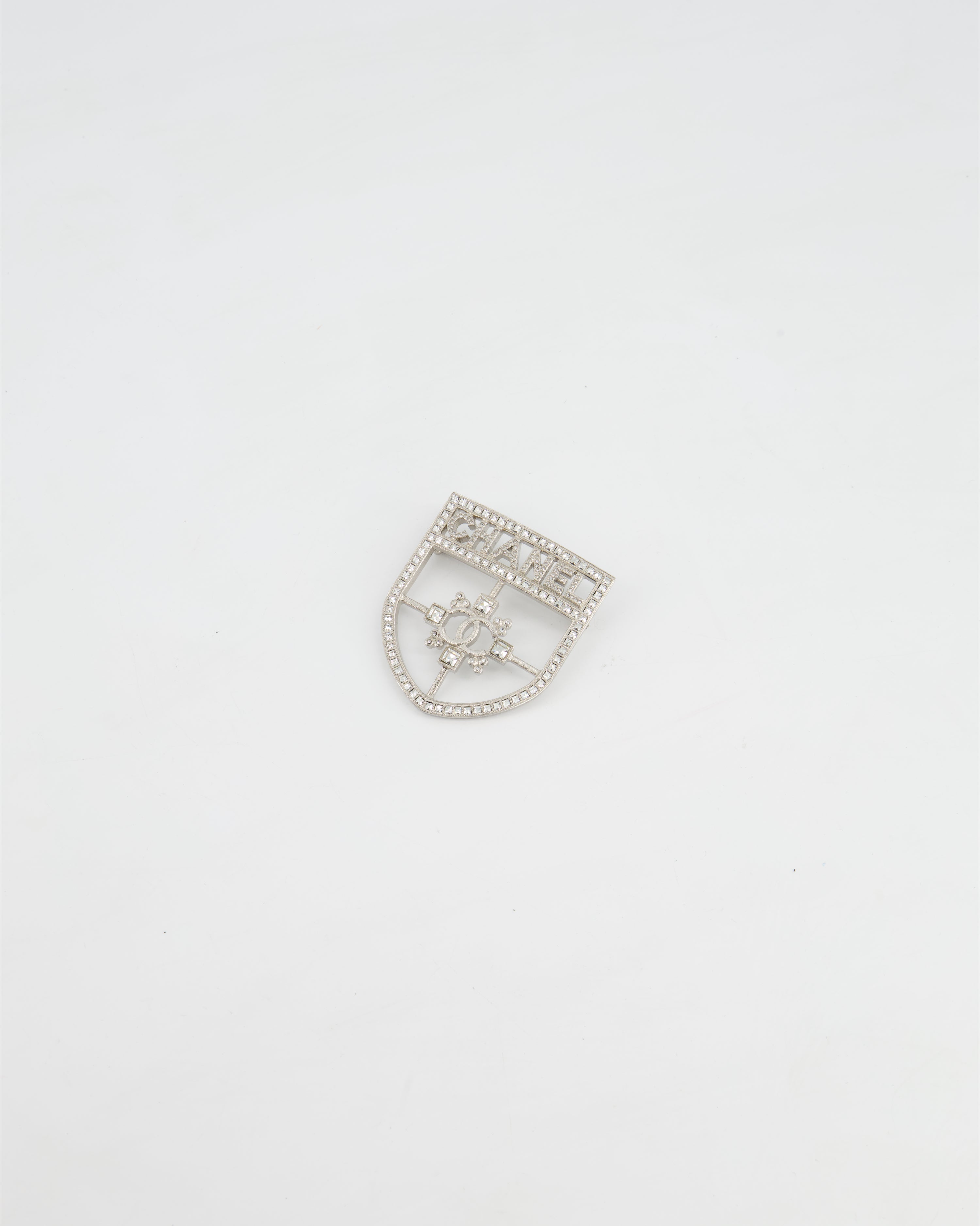 *HOT* Chanel Silver Crystal Large Brooch with CC and Logo Details