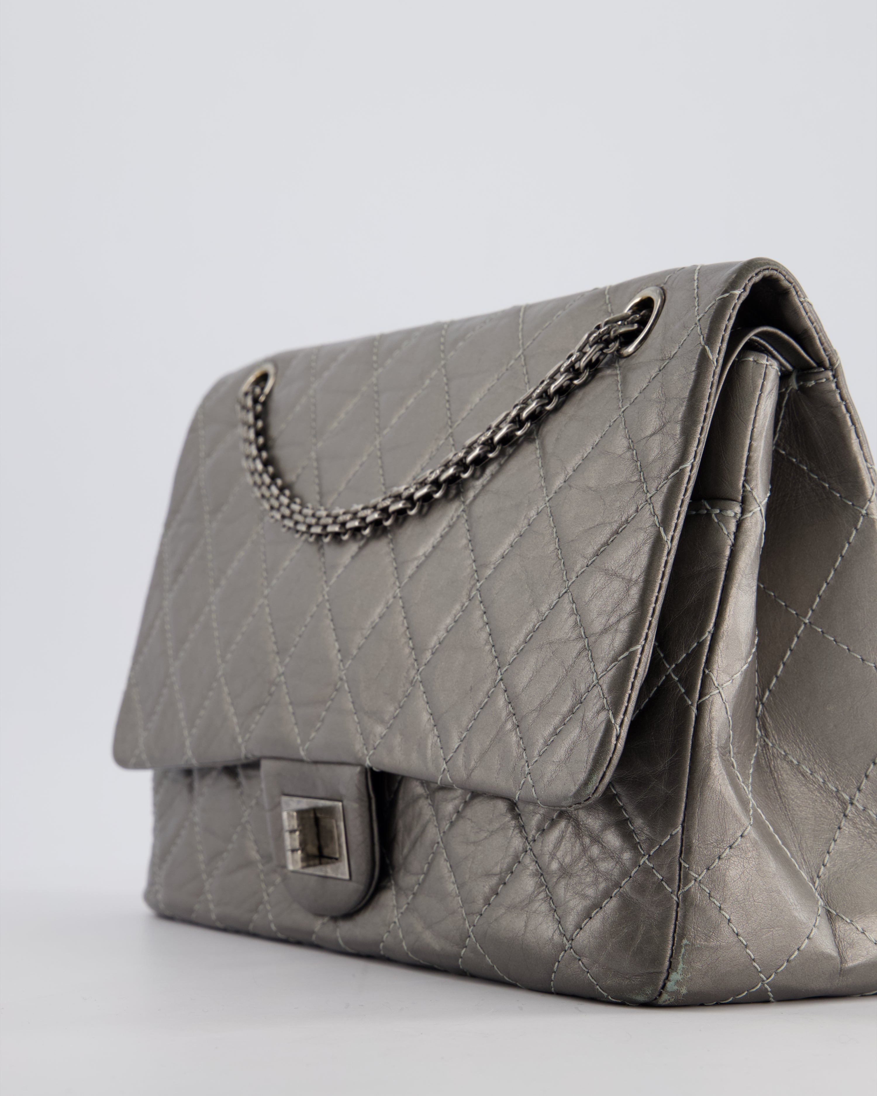 *FIRE PRICE* Chanel 2.55 Jumbo Reissue Bag in Metallic Grey Crumpled Calfskin Leather With Gunmetal Hardware