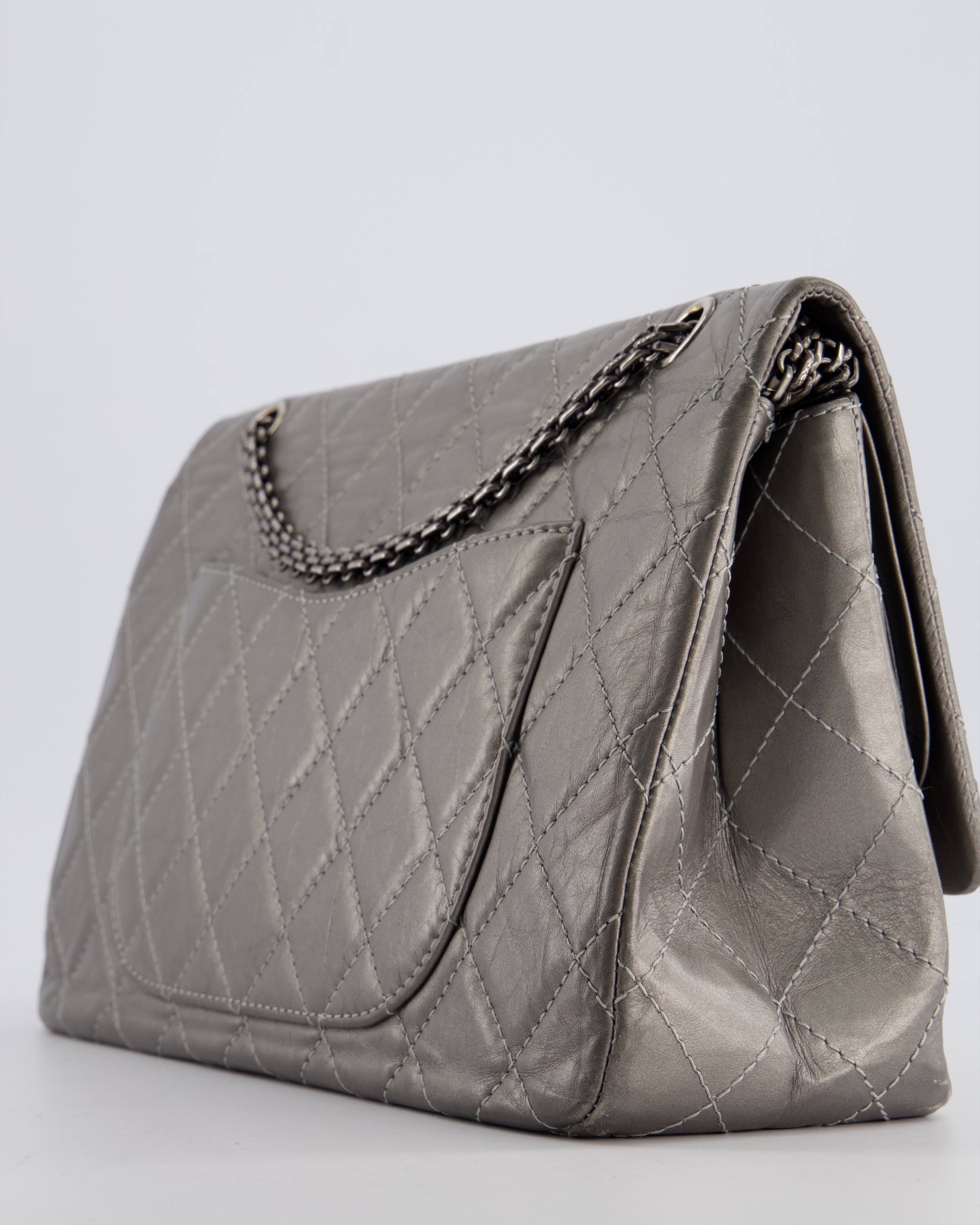 *FIRE PRICE* Chanel 2.55 Jumbo Reissue Bag in Metallic Grey Crumpled Calfskin Leather With Gunmetal Hardware