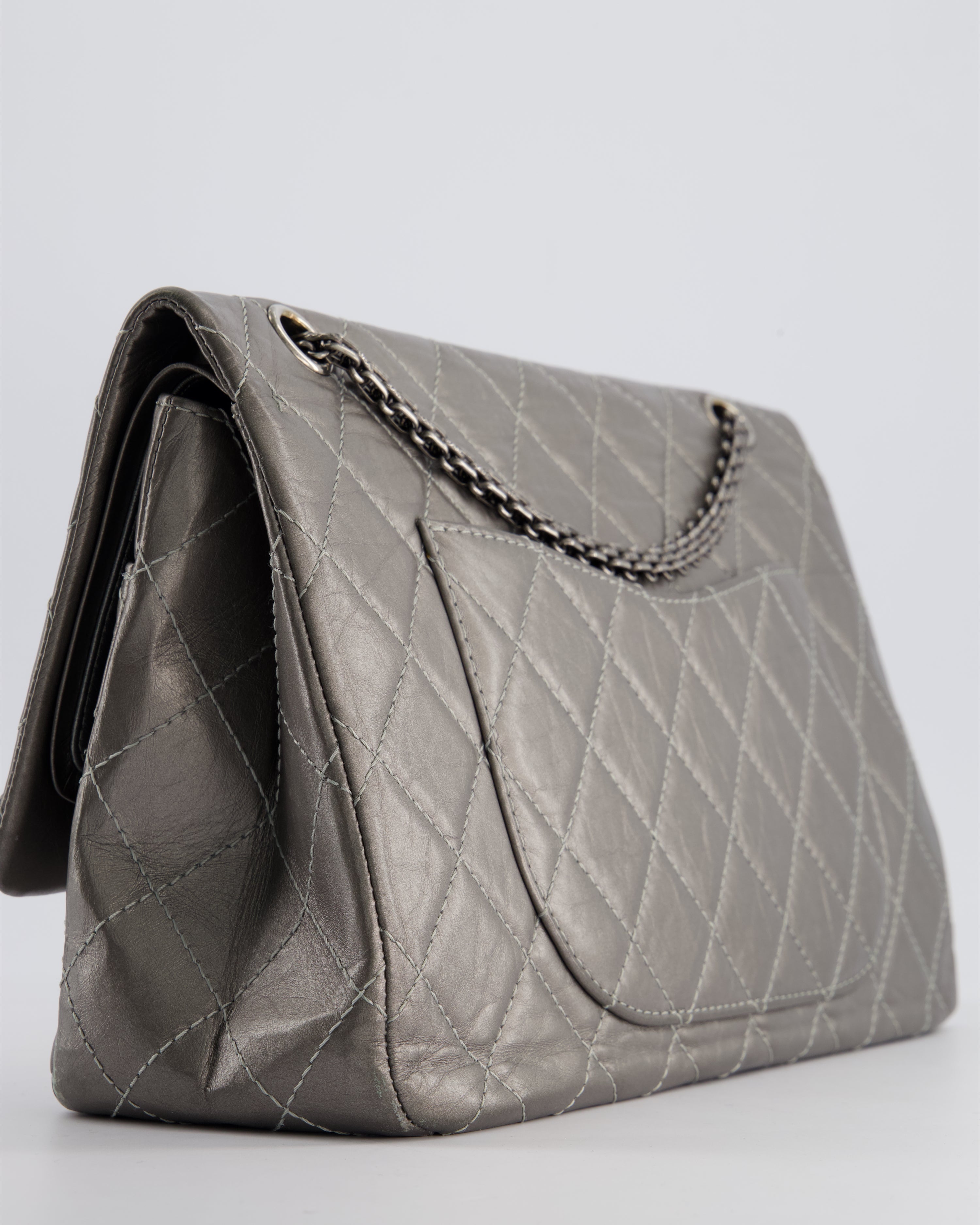 *FIRE PRICE* Chanel 2.55 Jumbo Reissue Bag in Metallic Grey Crumpled Calfskin Leather With Gunmetal Hardware