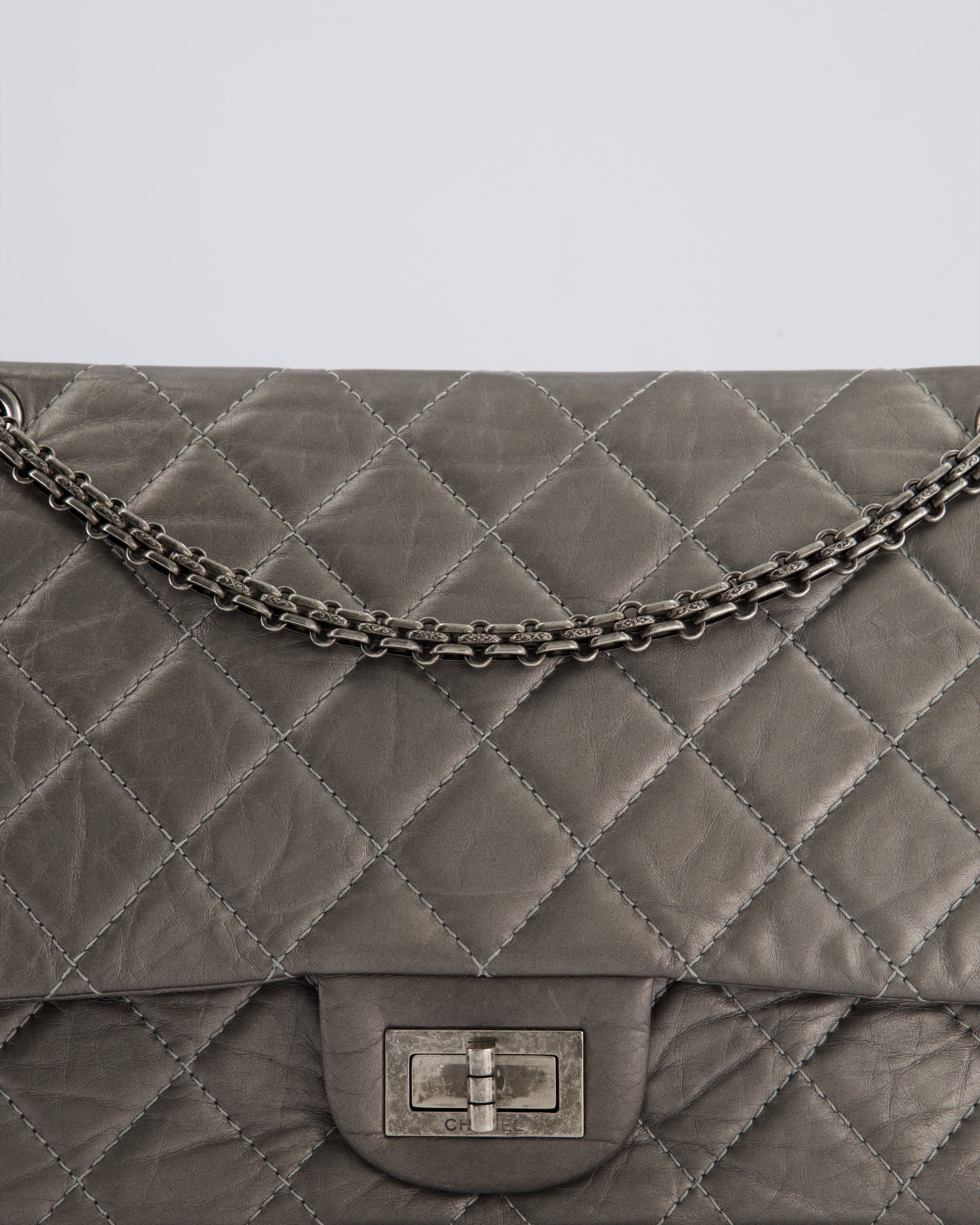 *FIRE PRICE* Chanel 2.55 Jumbo Reissue Bag in Metallic Grey Crumpled Calfskin Leather With Gunmetal Hardware