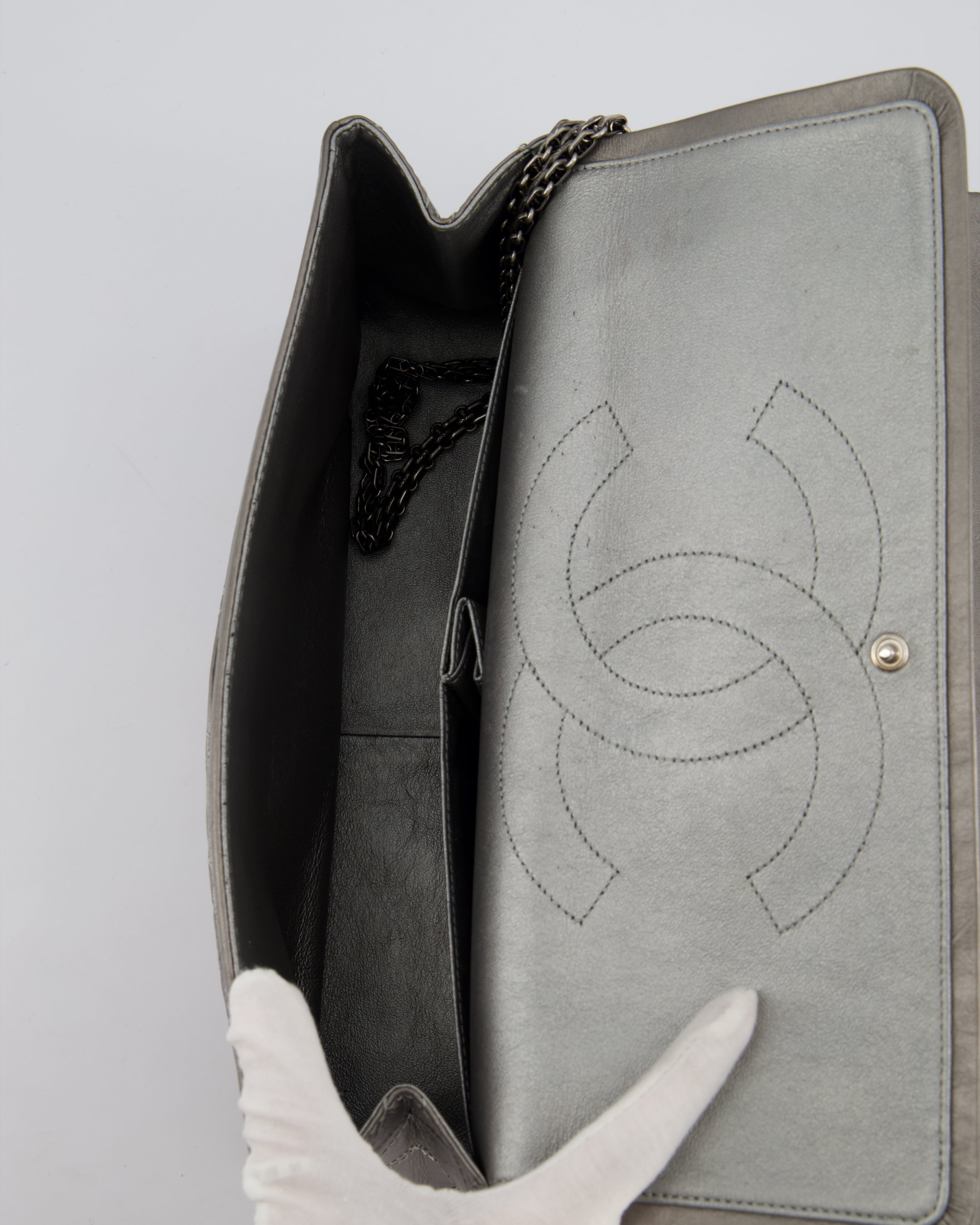 *FIRE PRICE* Chanel 2.55 Jumbo Reissue Bag in Metallic Grey Crumpled Calfskin Leather With Gunmetal Hardware