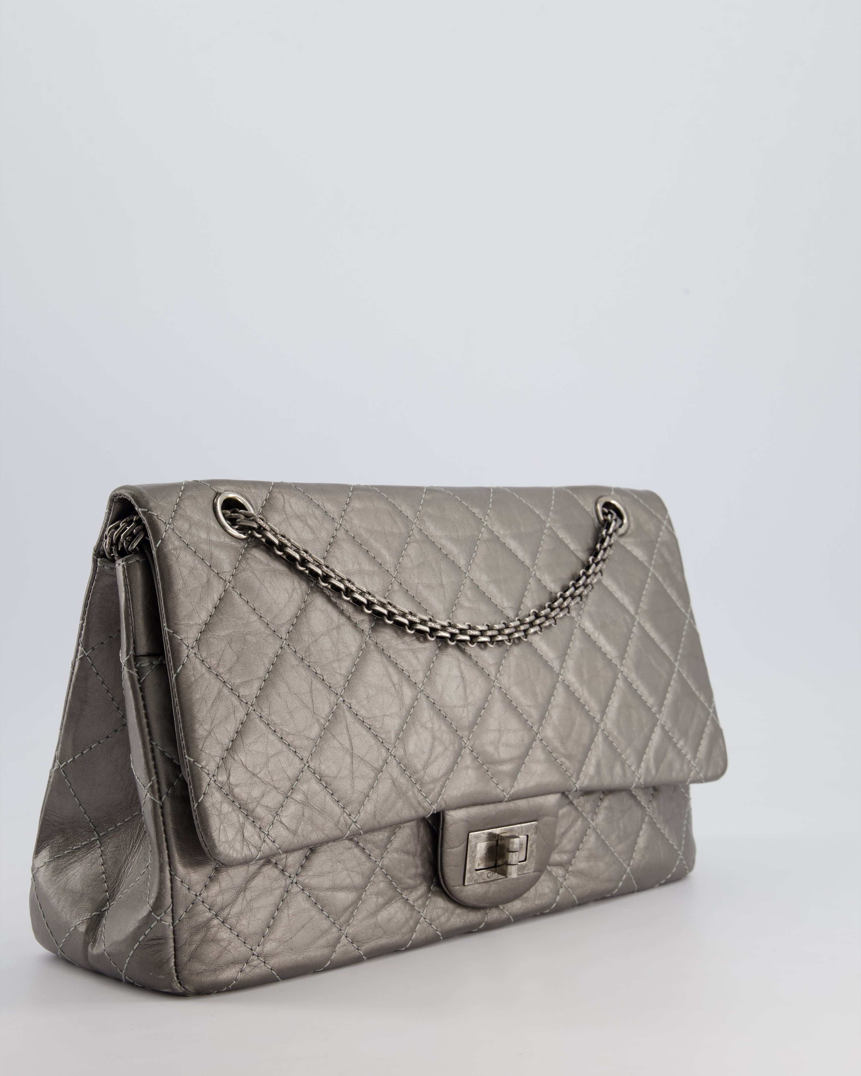 *FIRE PRICE* Chanel 2.55 Jumbo Reissue Bag in Metallic Grey Crumpled Calfskin Leather With Gunmetal Hardware
