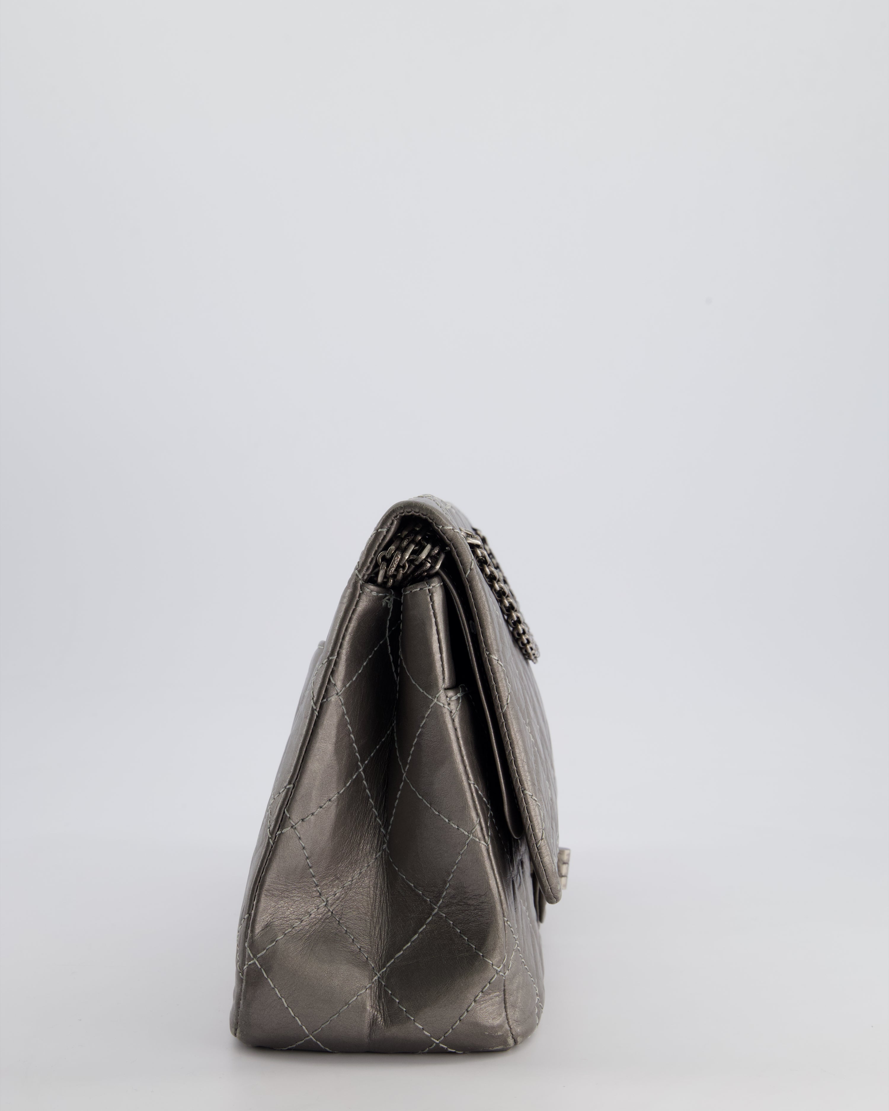 *FIRE PRICE* Chanel 2.55 Jumbo Reissue Bag in Metallic Grey Crumpled Calfskin Leather With Gunmetal Hardware
