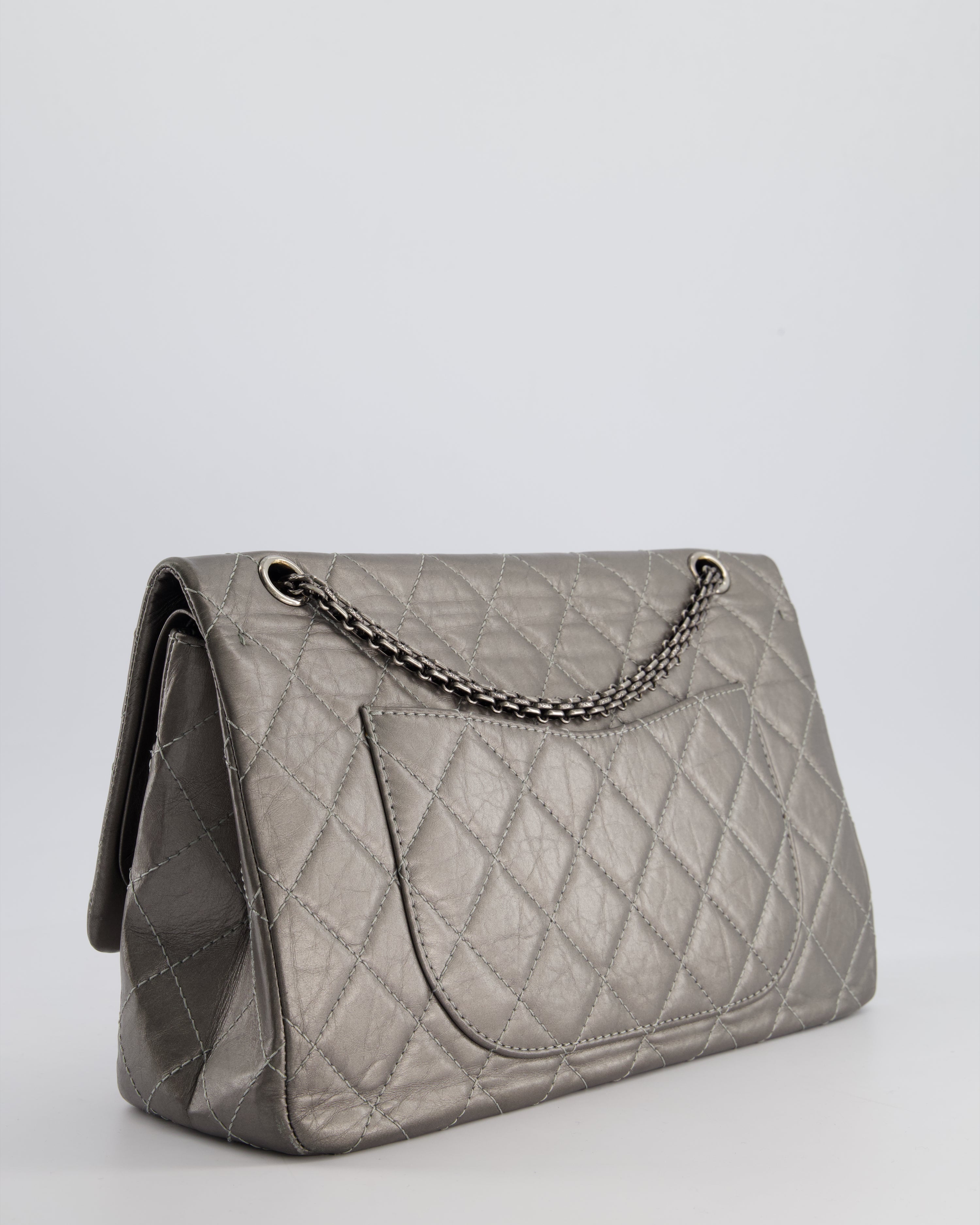 *FIRE PRICE* Chanel 2.55 Jumbo Reissue Bag in Metallic Grey Crumpled Calfskin Leather With Gunmetal Hardware