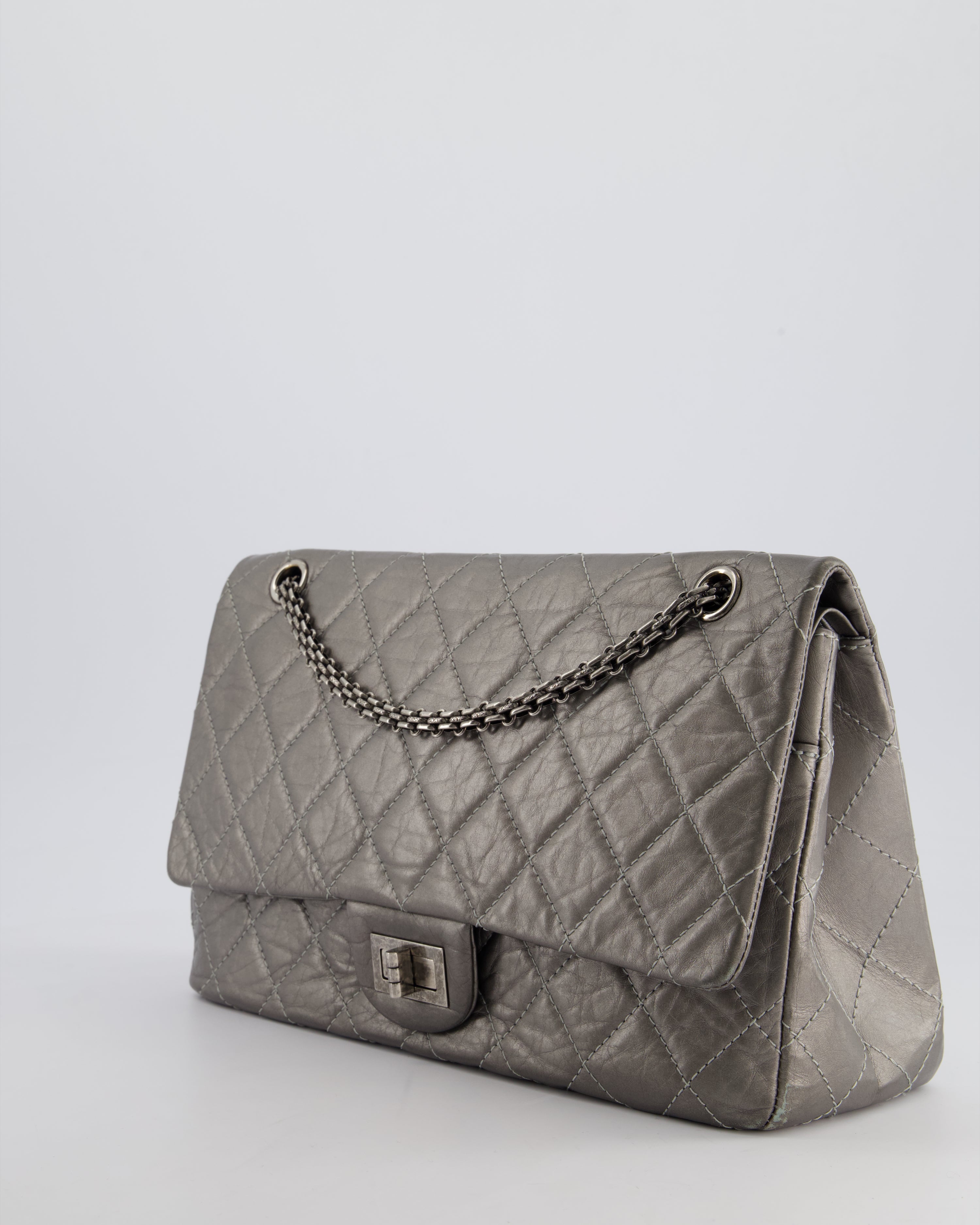 *FIRE PRICE* Chanel 2.55 Jumbo Reissue Bag in Metallic Grey Crumpled Calfskin Leather With Gunmetal Hardware