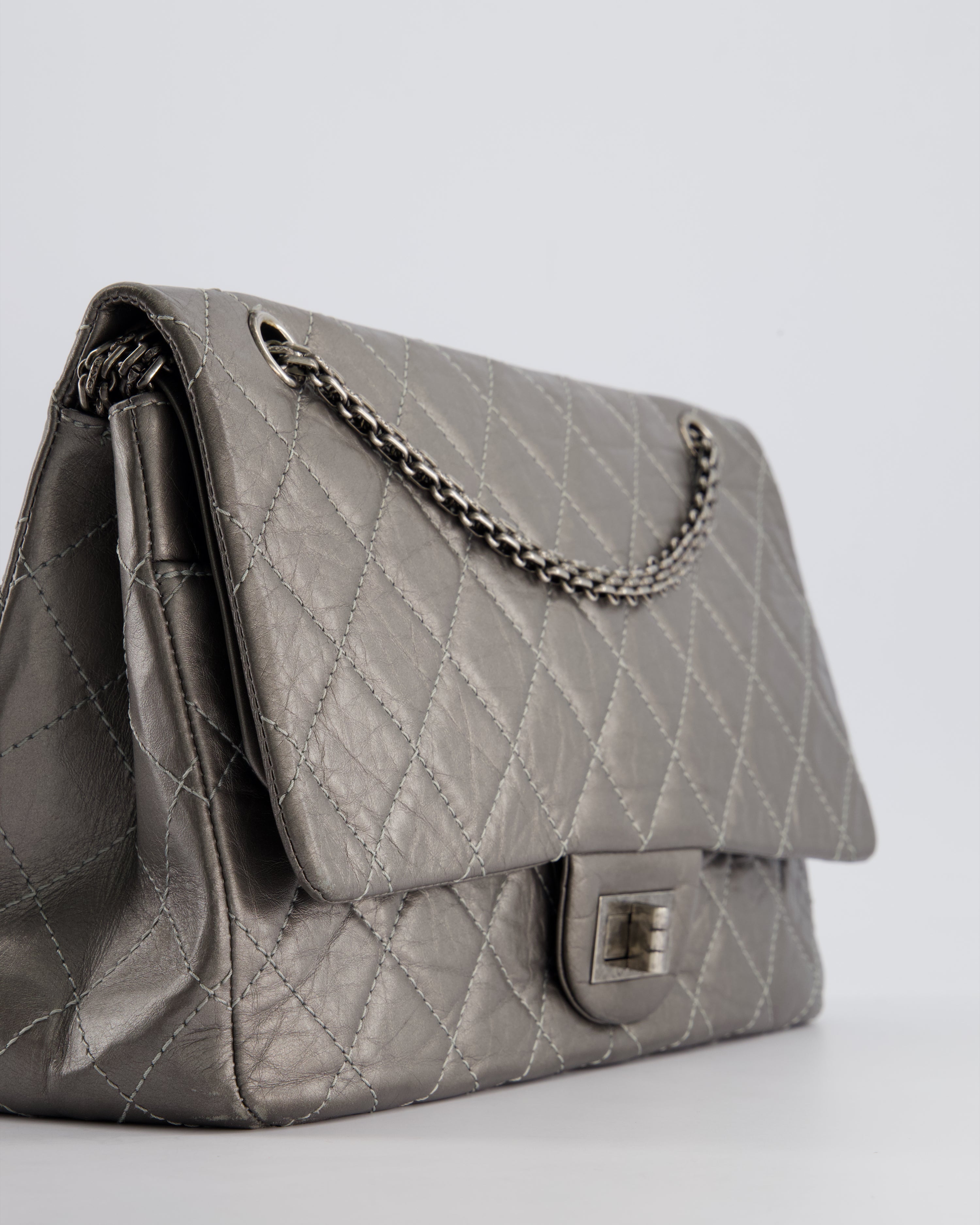 *FIRE PRICE* Chanel 2.55 Jumbo Reissue Bag in Metallic Grey Crumpled Calfskin Leather With Gunmetal Hardware
