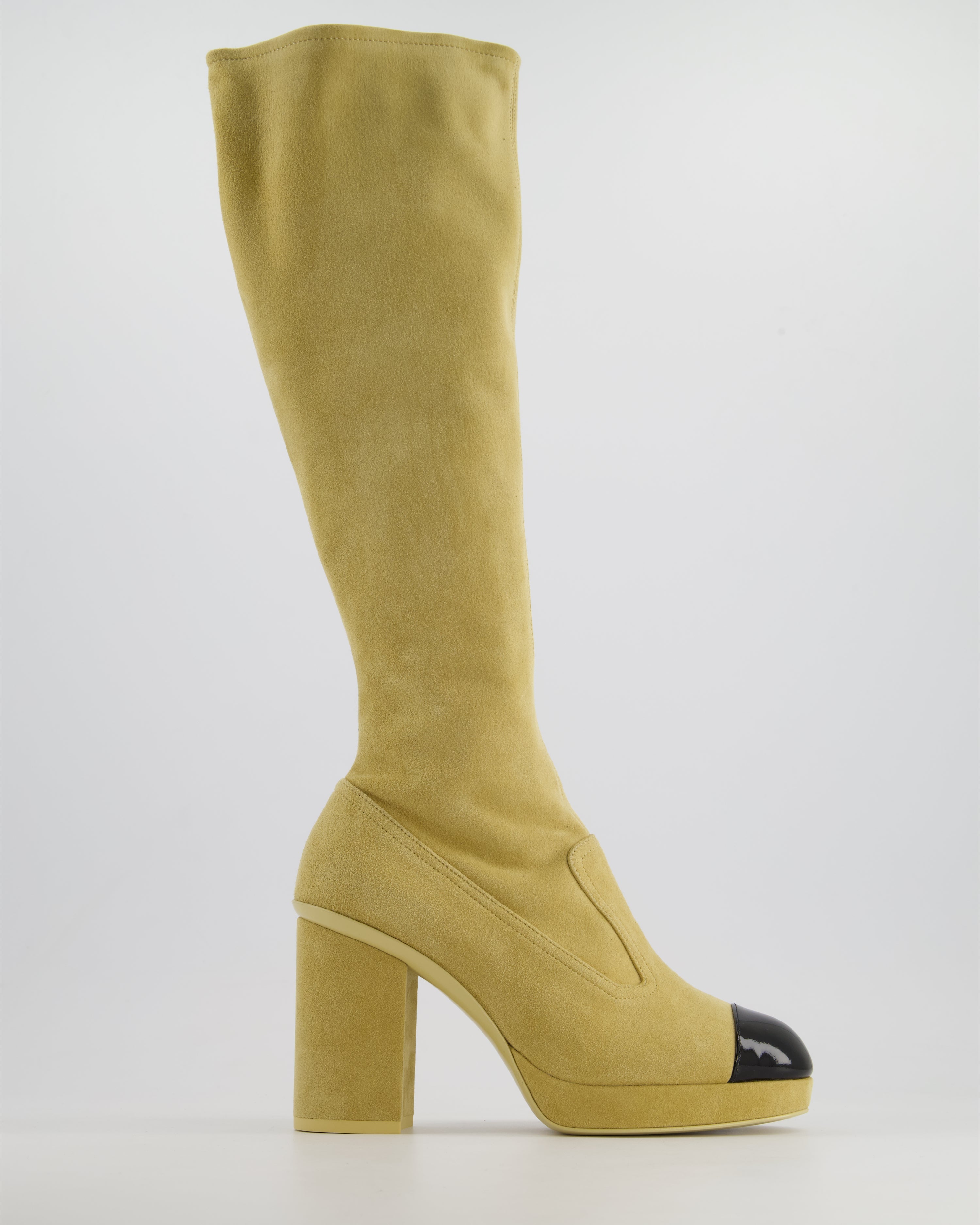 *HOT* Chanel SS/24 Beige Suede Platform Logo Knee-High Boots Size EU 36