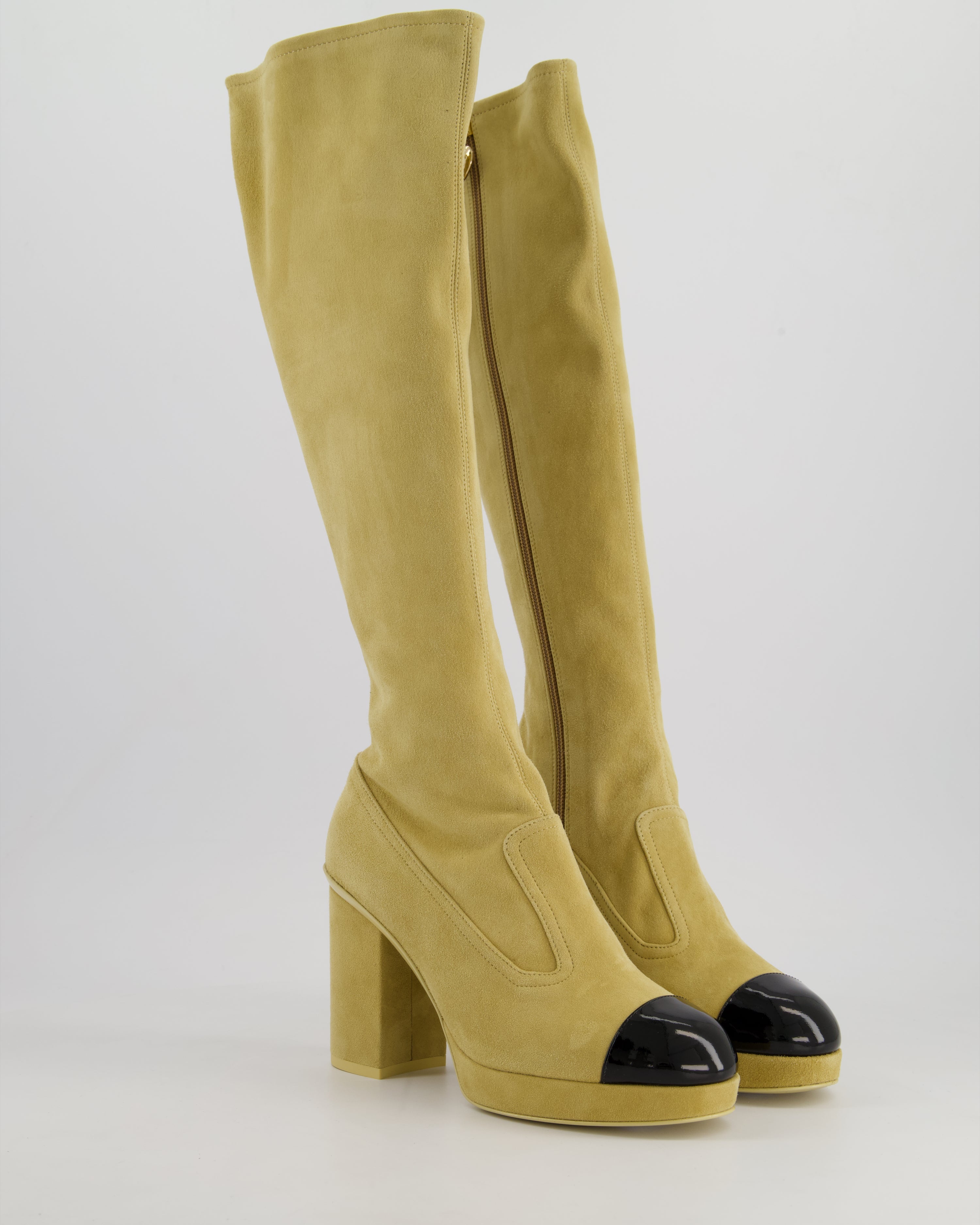 *HOT* Chanel SS/24 Beige Suede Platform Logo Knee-High Boots Size EU 36