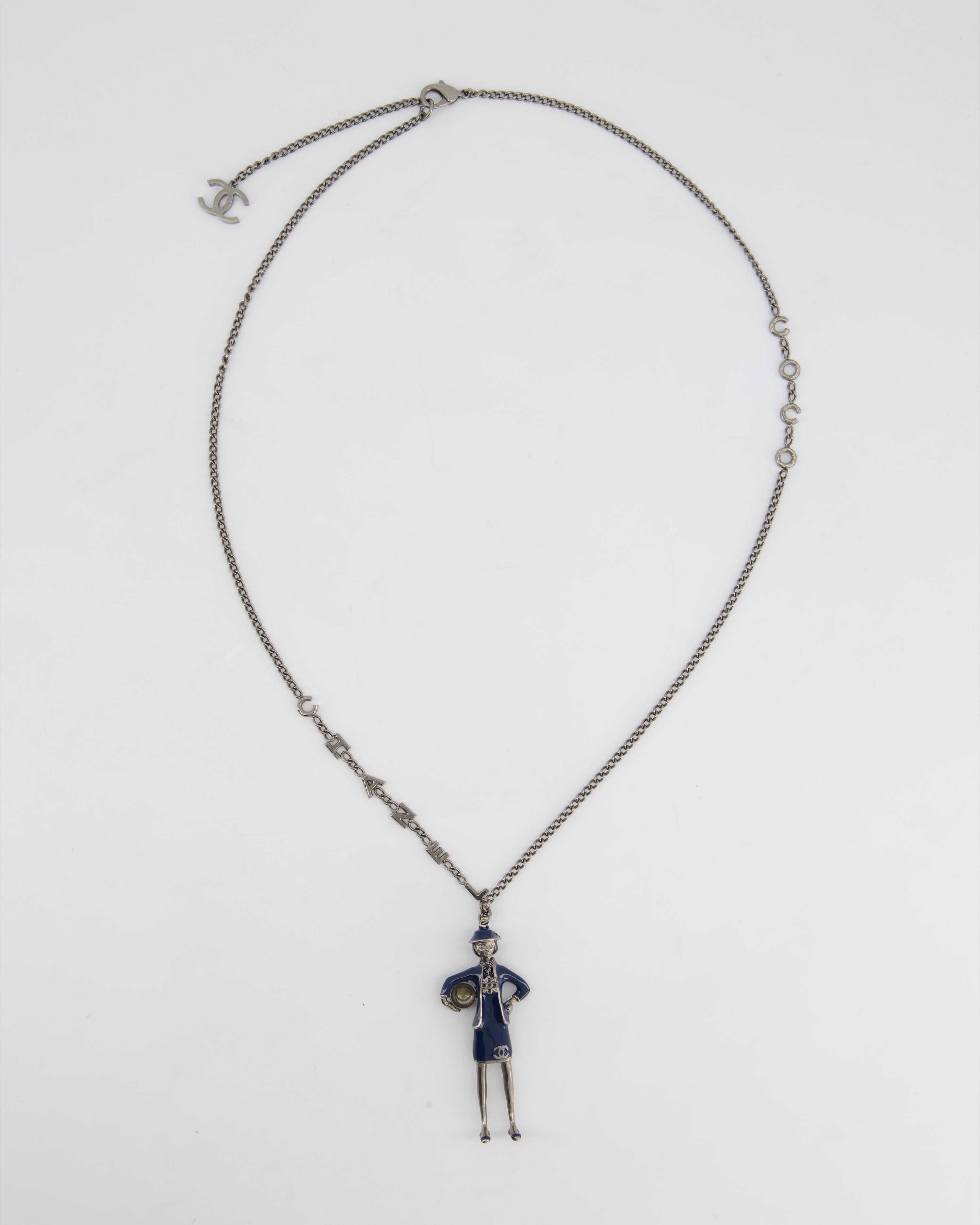 *HOT* Chanel Grey Mademoiselle Doll Charm Necklace with COCO & CHANEL Chain Details